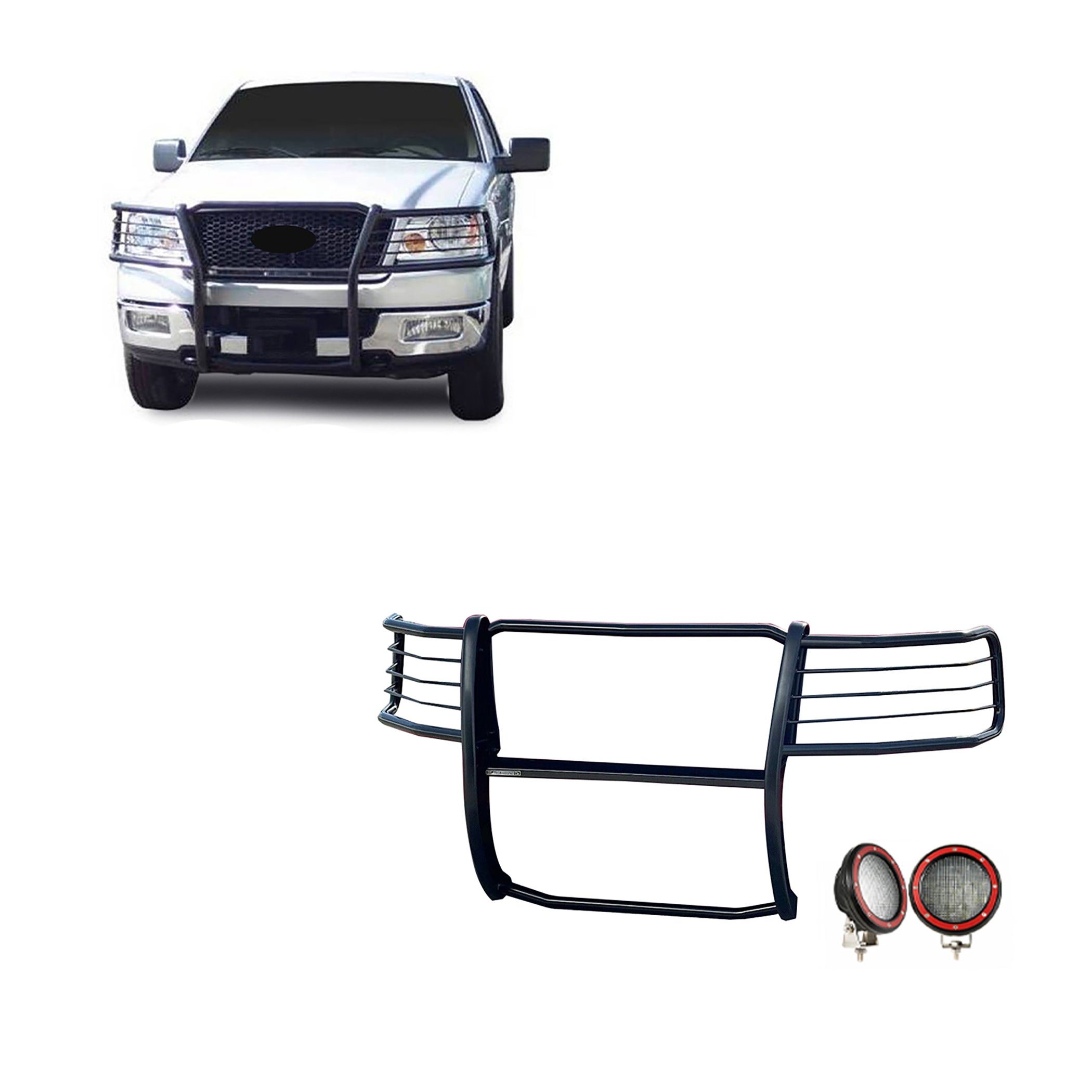 2004-2008 Ford F-150 Grille Guard Kit Modular Pair  of 5.3" Dia. LED Flood Lights w/ Red Trim Rings Wiring Harness  and Switch | Black Horse Off Road - Image 1