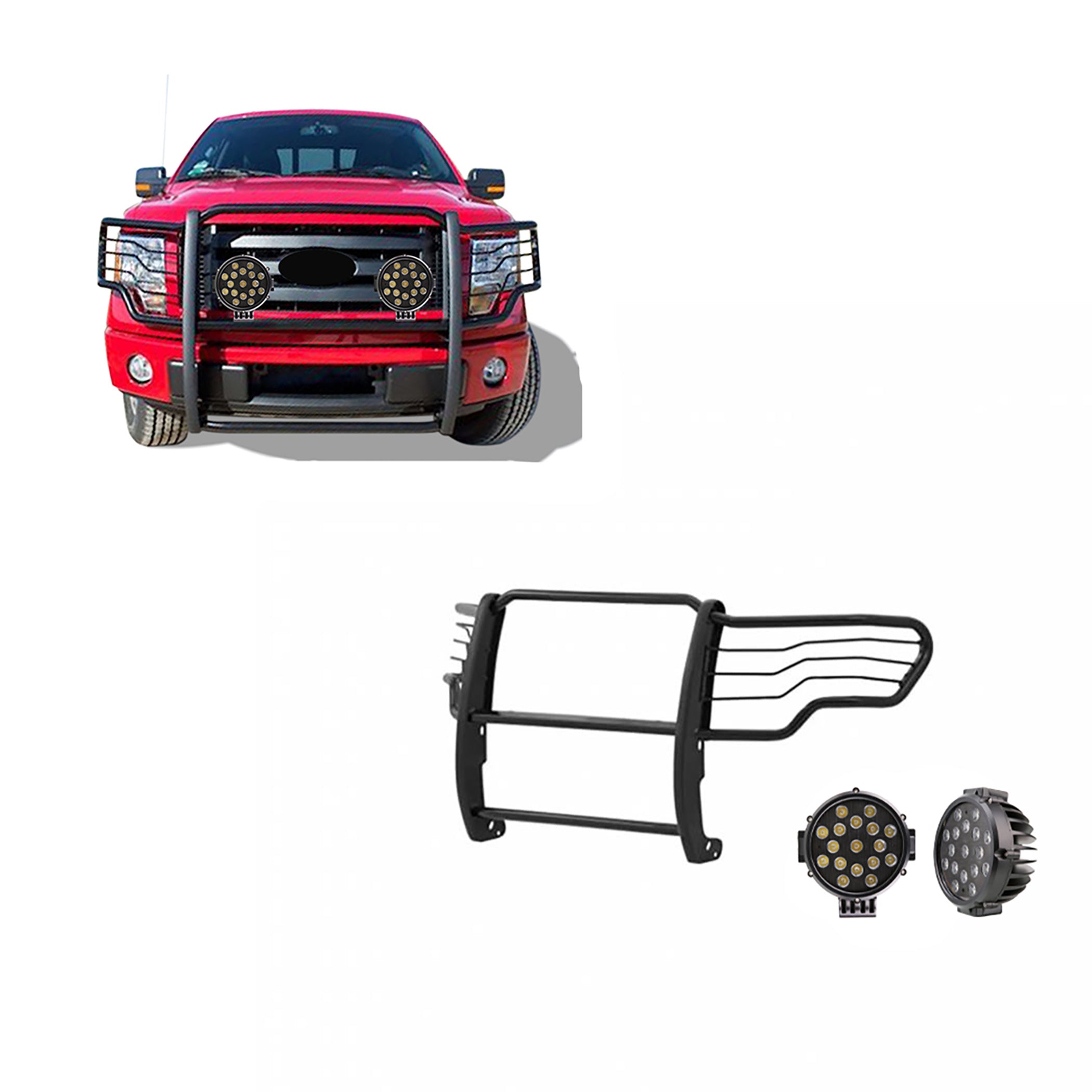 2009-2014 Ford F-150 Grille Guard Kit Modular Incl. pair of 7.0"Dia.  LED  Lights w/ Black Trim Rings w/ Wiring Harness and Switch | Black Horse Off Road - Image 1