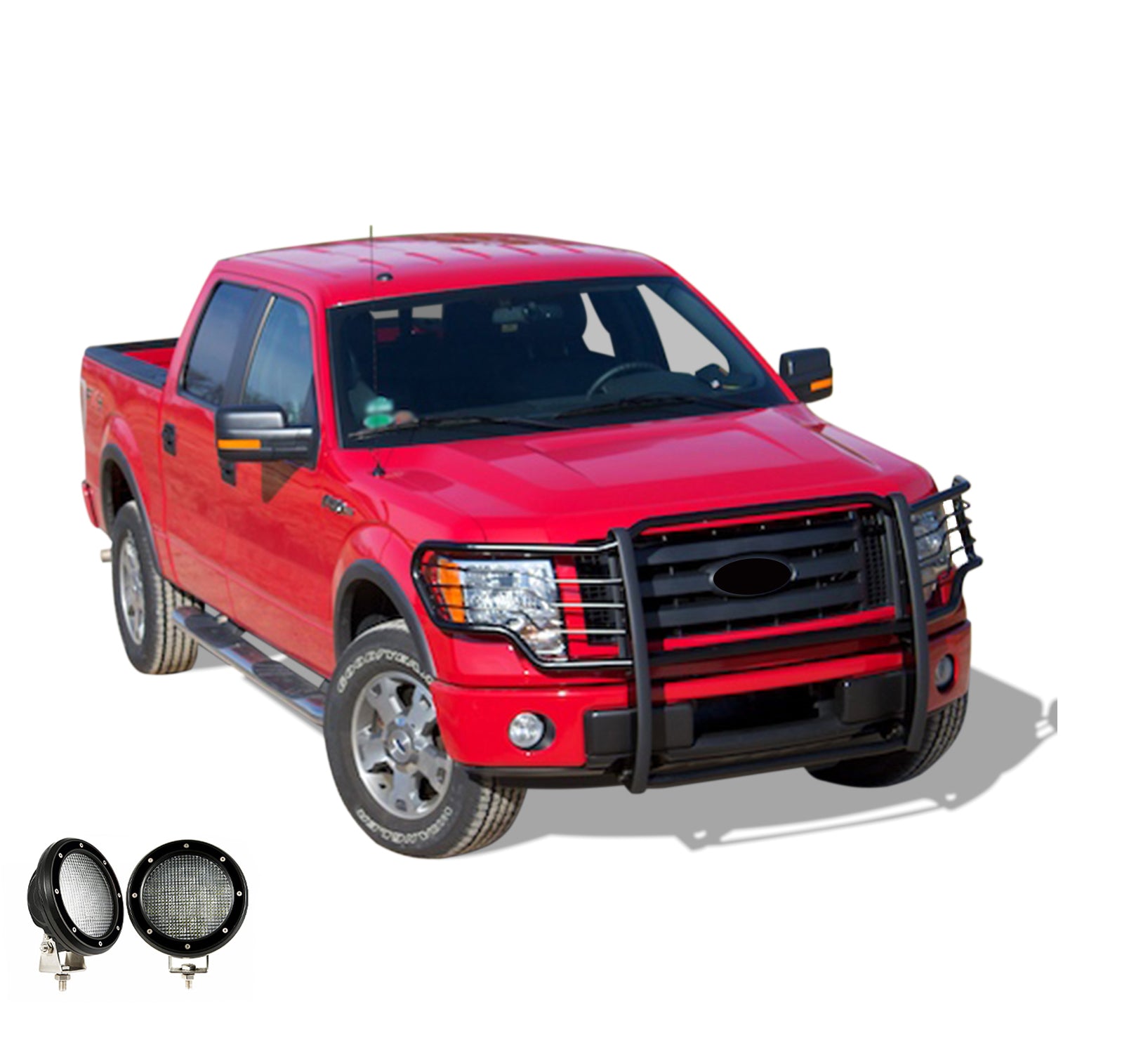 2009-2014 Ford F-150 Grille Guard Kit Modular Pair  of 5.3" Dia. LED Flood Lights w/ Black Trim Rings Wiring Harness  and Switch | Black Horse Off Road - Image 7