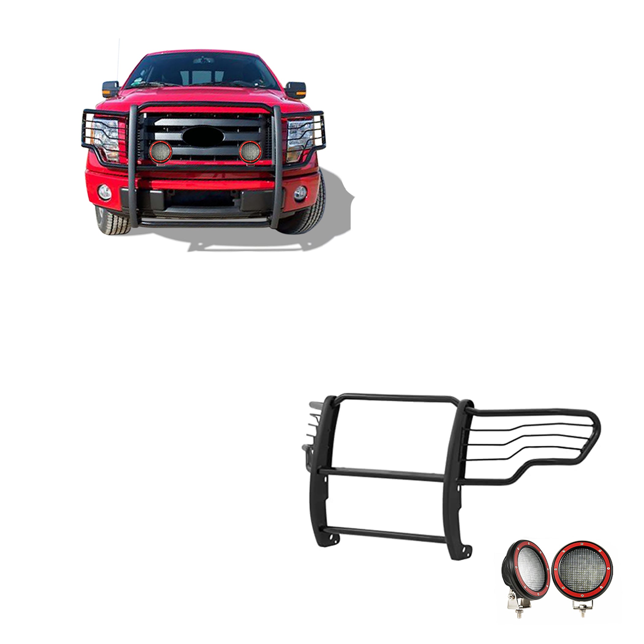 2009-2014 Ford F-150 Grille Guard Kit Modular Pair  of 5.3" Dia. LED Flood Lights w/ Red Trim Rings Wiring Harness  and Switch | Black Horse Off Road - Image 1
