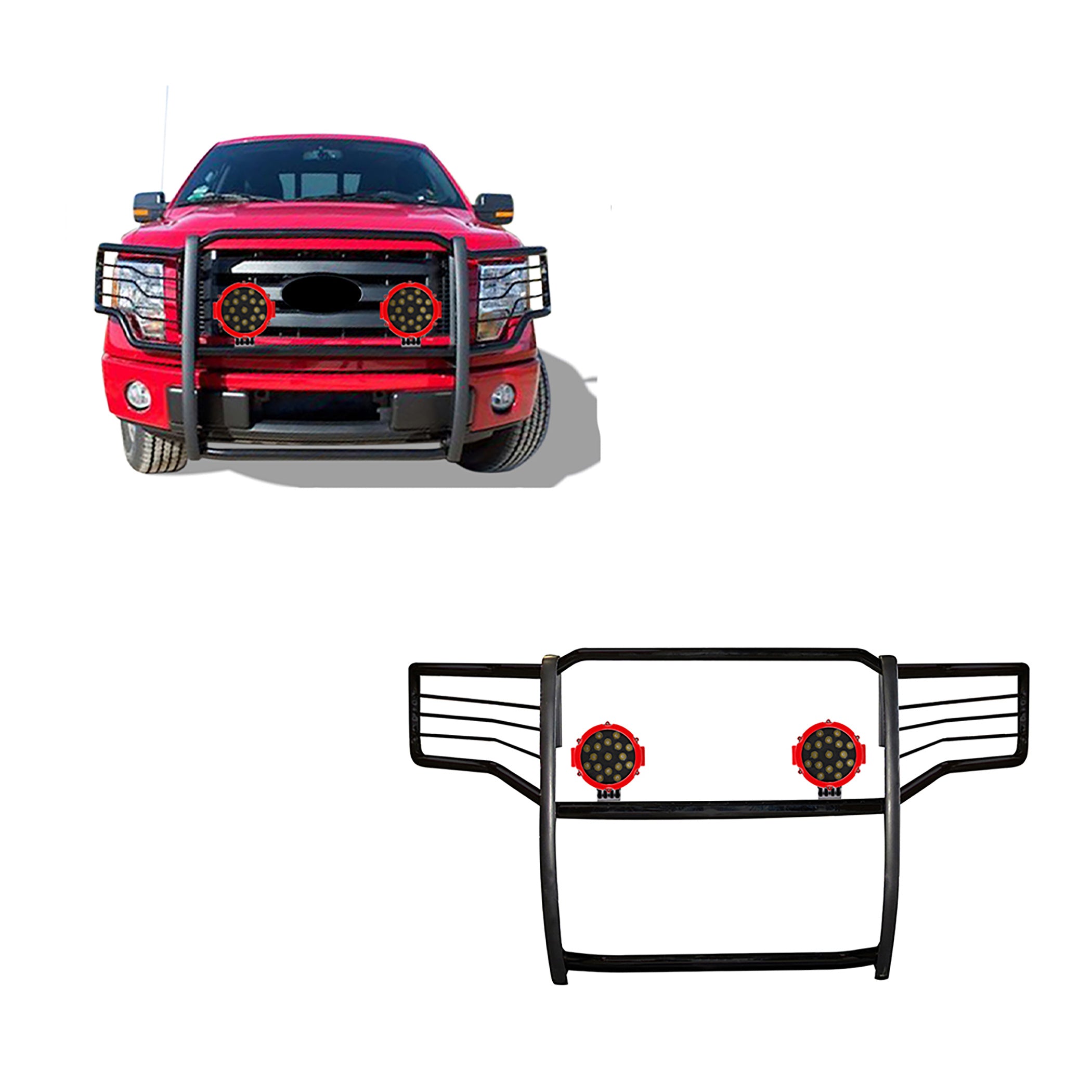 2009-2014 Ford F-150 Grille Guard Kit Modular Incl. pair of 7.0"Dia.  LED  Lights w/Red Trim Rings w/ Wiring Harness and Switch | Black Horse Off Road - Image 1