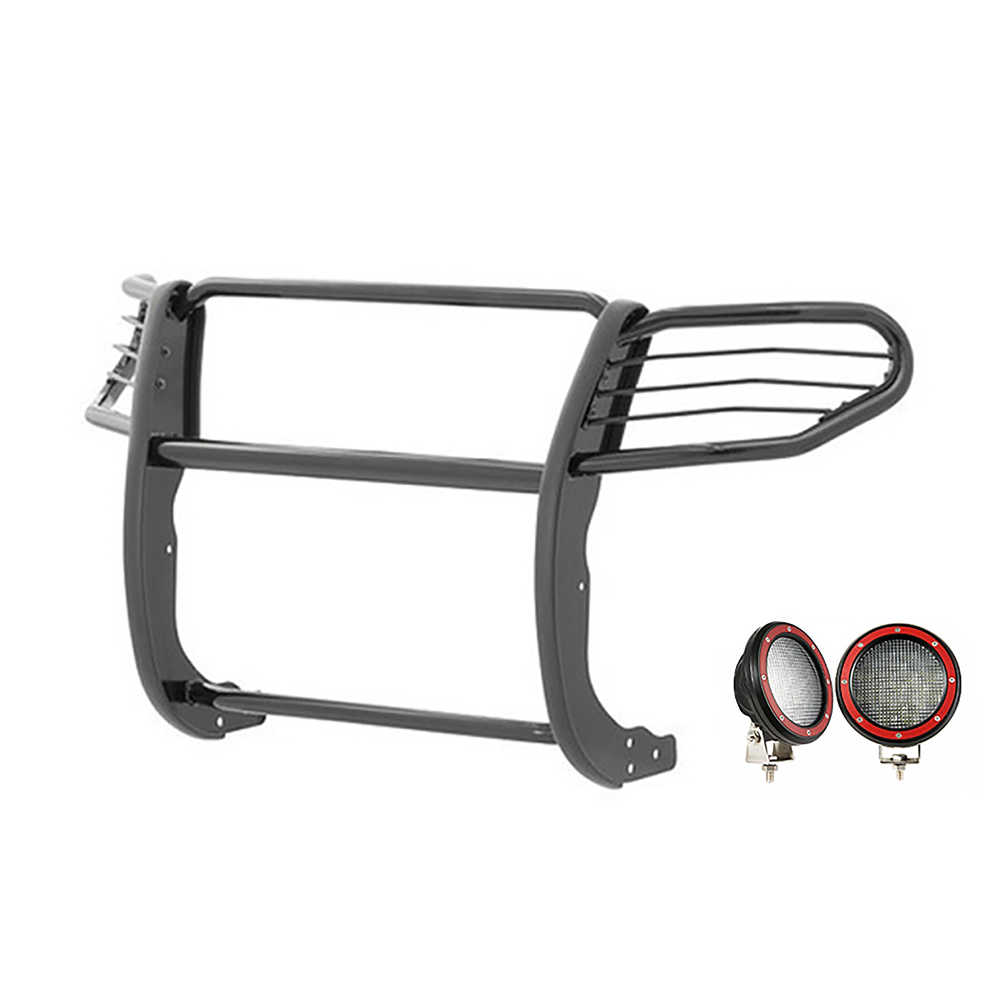 2007-2014 Ford Expedition Grille Guard Kit Modular Pair  of 5.3" Dia. LED Flood Lights w/ Red Trim Rings Wiring Harness  and Switch | Black Horse Off Road - Image 1