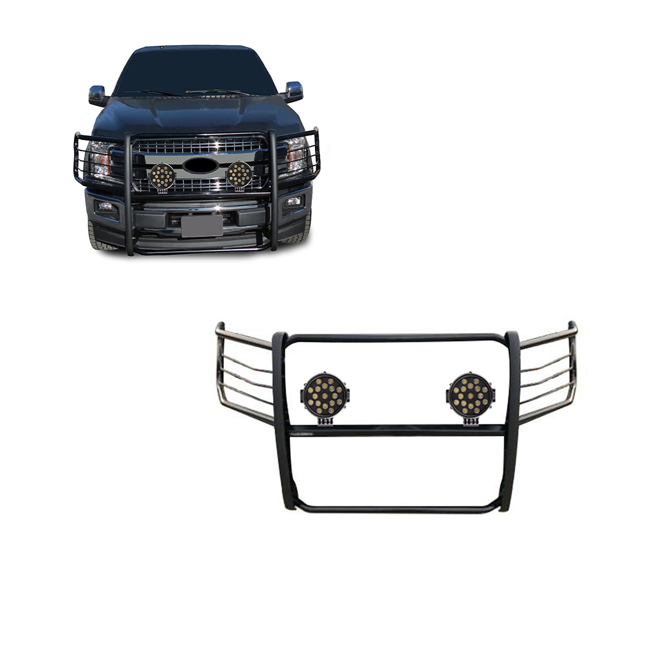 2015-2025 Ford F-150 Grille Guard Kit Modular Incl. pair of 7.0"Dia.  LED  Lights w/ Black Trim Rings w/ Wiring Harness and Switch | Black Horse Off Road - Image 1