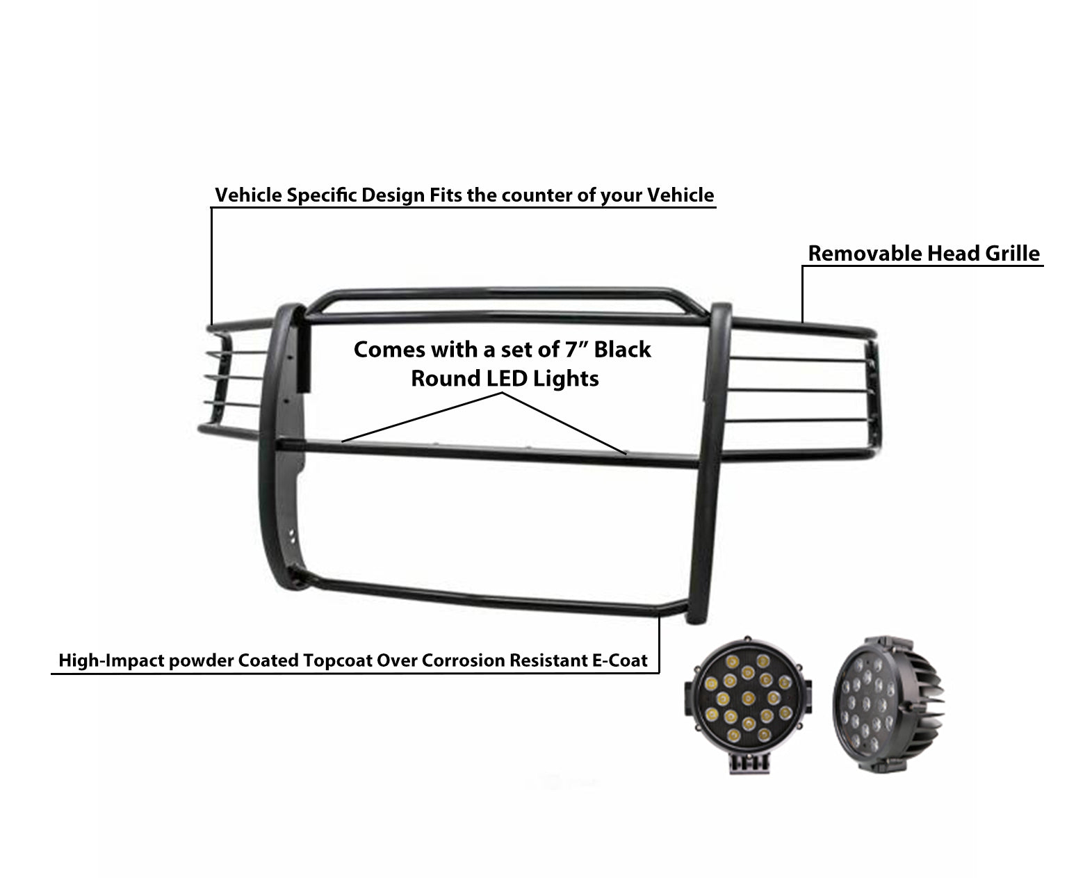 2001-2012 Ford Ranger Grille Guard Kit Modular Incl. pair of 7.0"Dia.  LED  Lights w/ Black Trim Rings w/ Wiring Harness and Switch | Black Horse Off Road - Image 4