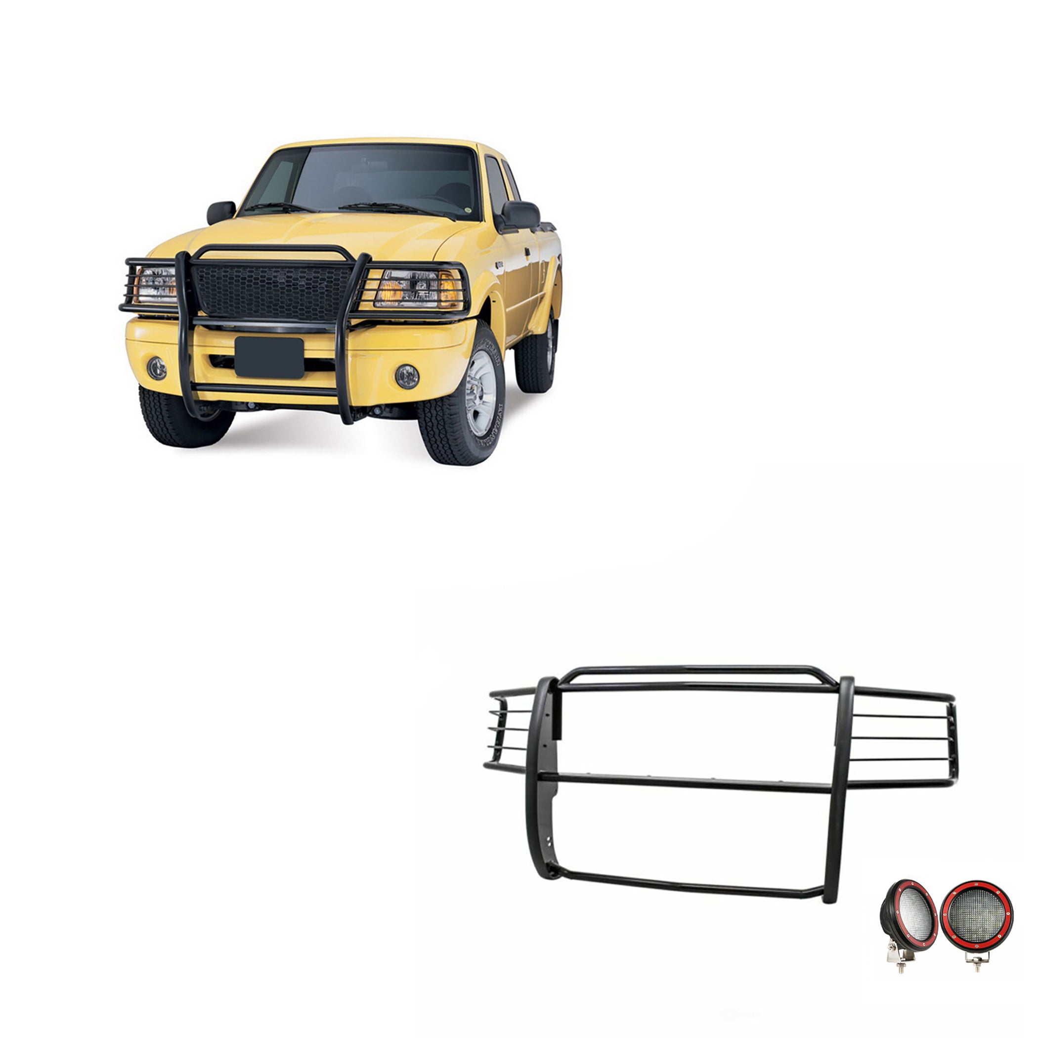 2001-2012 Ford Ranger Grille Guard Kit Modular Pair  of 5.3" Dia. LED Flood Lights w/ Red Trim Rings Wiring Harness  and Switch | Black Horse Off Road - Image 1