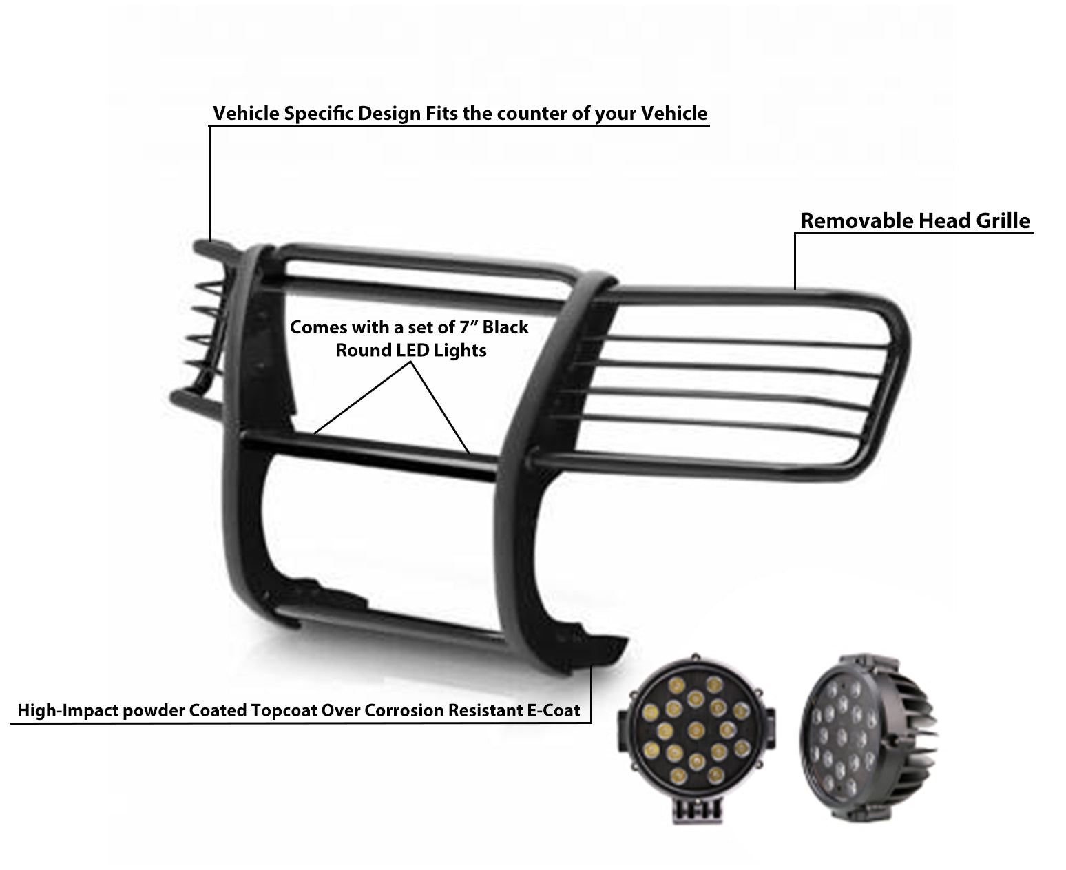2002-2006 Gmc Envoy Grille Guard Kit Modular Incl. pair of 7.0"Dia.  LED  Lights w/ Black Trim Rings w/ Wiring Harness and Switch | Black Horse Off Road - Image 3