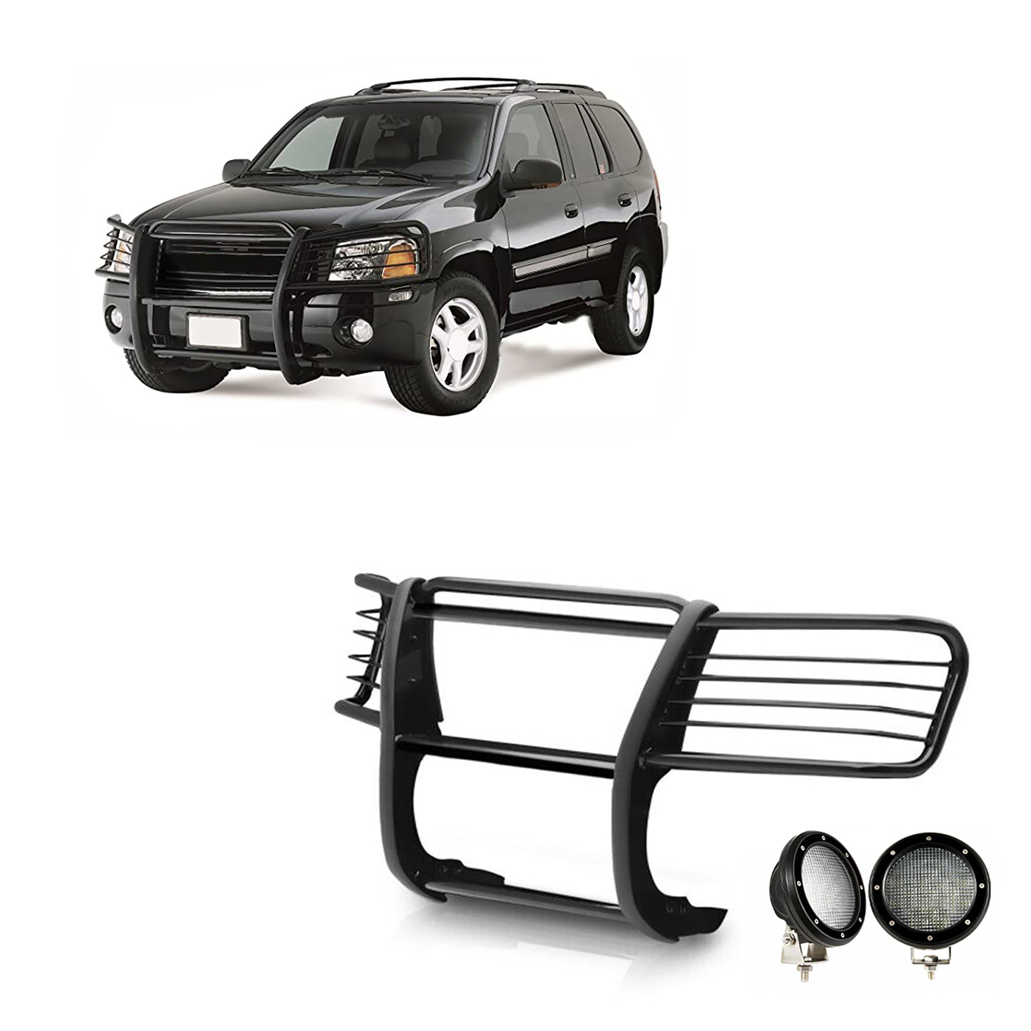2002-2006 Gmc Envoy Grille Guard Kit Modular Pair  of 5.3" Dia. LED Flood Lights w/ Black Trim Rings Wiring Harness  and Switch | Black Horse Off Road - Image 1
