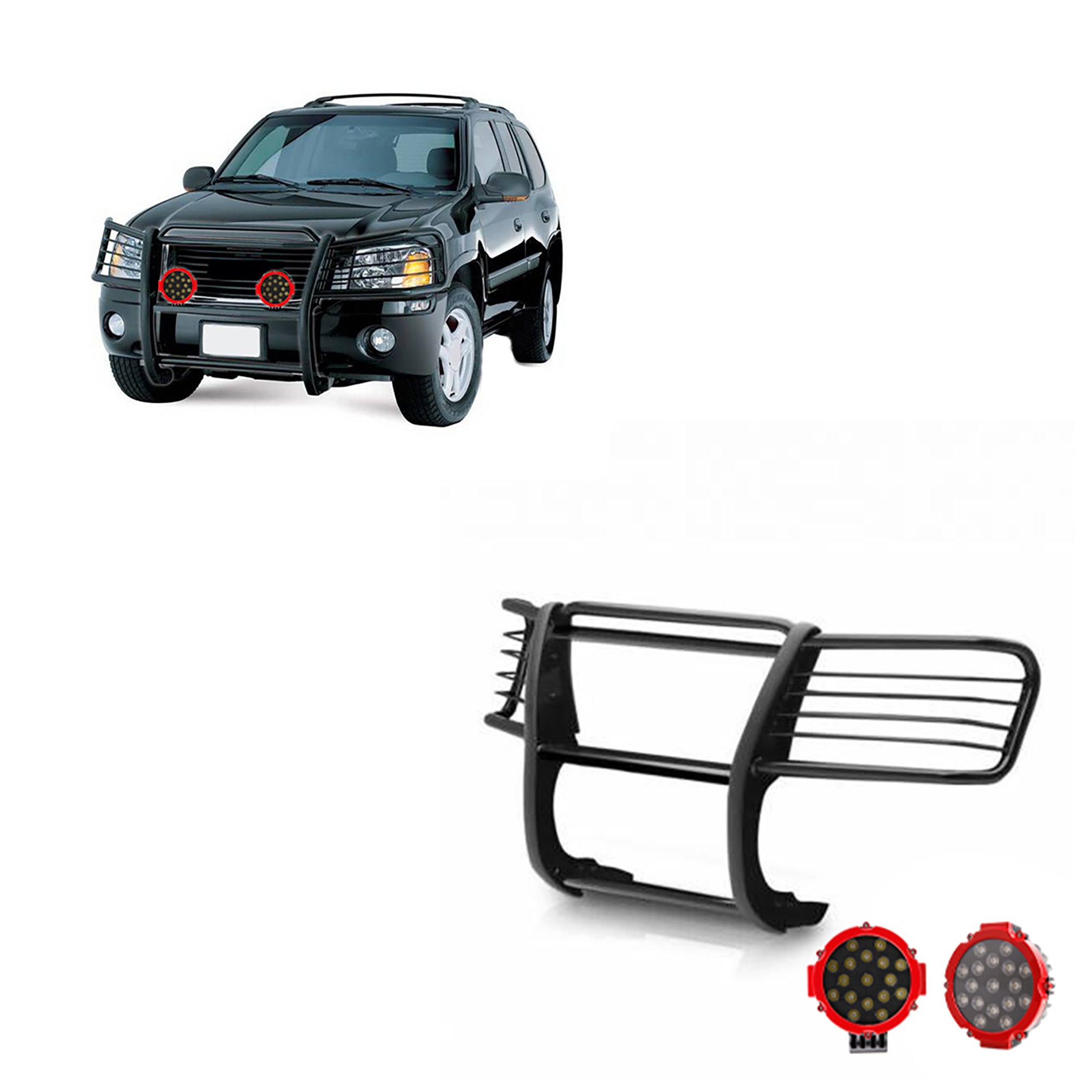 2002-2006 Gmc Envoy Grille Guard Kit Modular Incl. pair of 7.0"Dia.  LED  Lights w/Red Trim Rings w/ Wiring Harness and Switch | Black Horse Off Road - Image 1