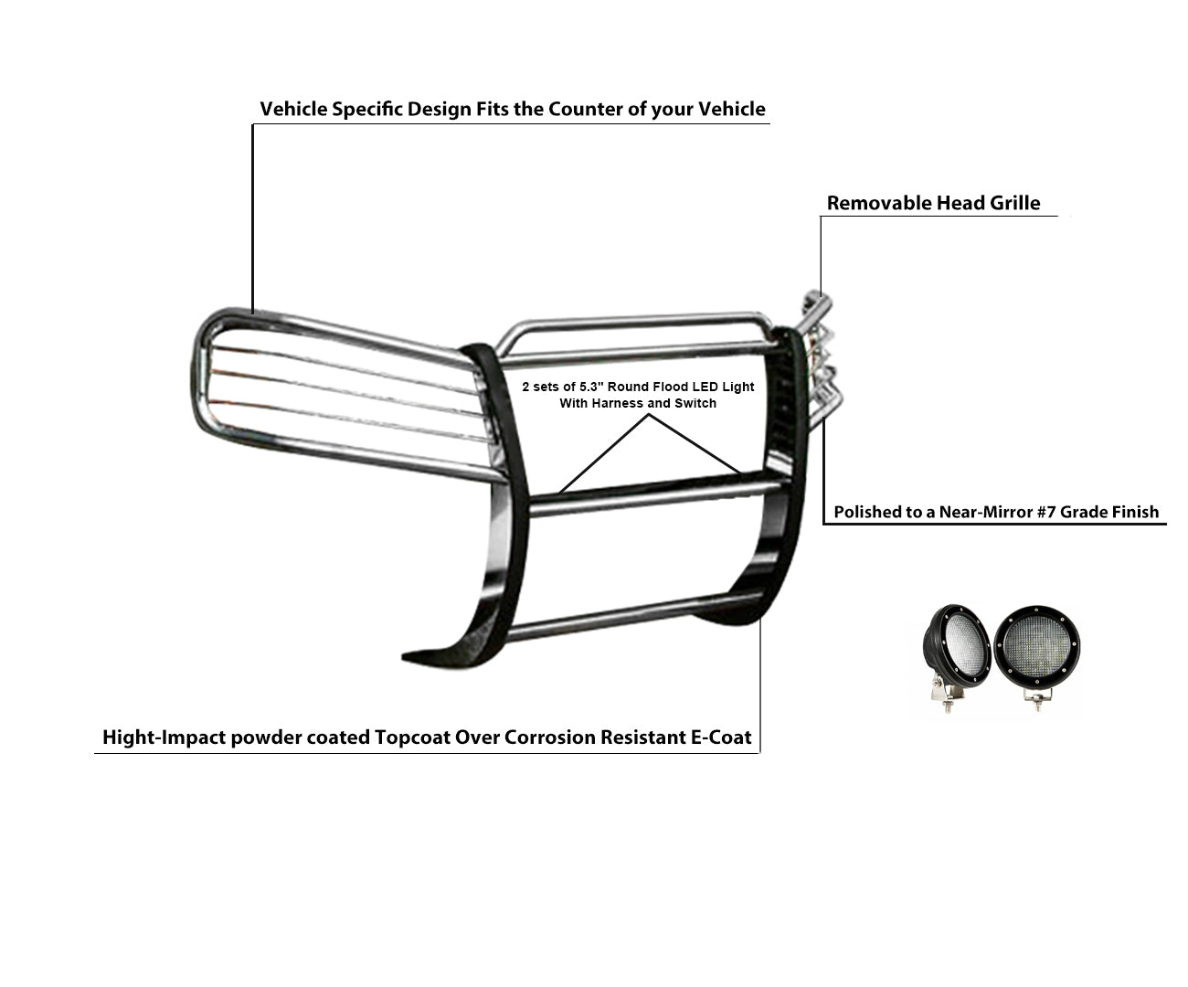 2002-2009 Gmc Envoy Grille Guard Kit Modular Pair  of 5.3" Dia. LED Flood Lights w/ Black Trim Rings Wiring Harness  and Switch | Black Horse Off Road - Image 3