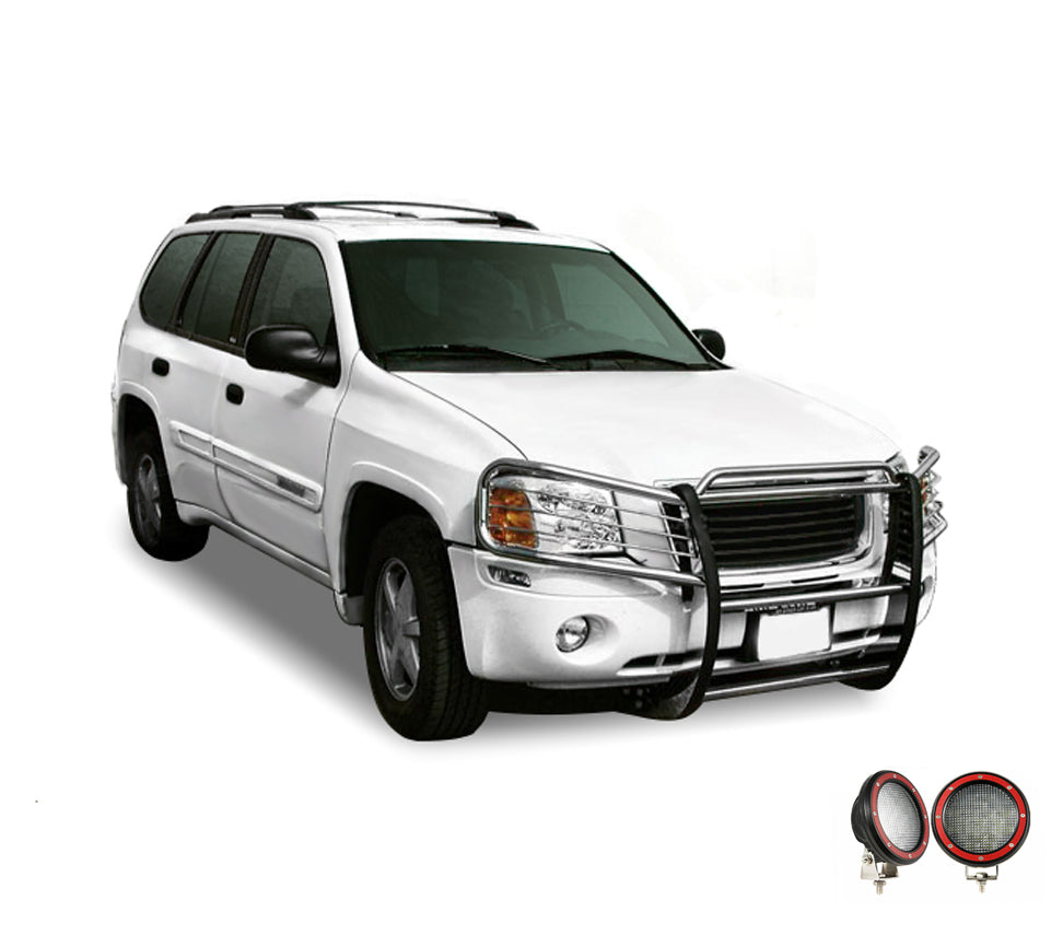 2002-2009 Gmc Envoy Grille Guard Kit Modular Pair  of 5.3" Dia. LED Flood Lights w/ Red Trim Rings Wiring Harness  and Switch | Black Horse Off Road - Image 6