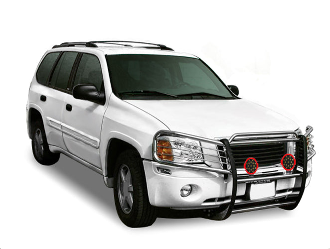 2002-2009 Gmc Envoy Grille Guard Kit Modular Incl. pair of 7.0"Dia.  LED  Lights w/Red Trim Rings w/ Wiring Harness and Switch | Black Horse Off Road - Image 4