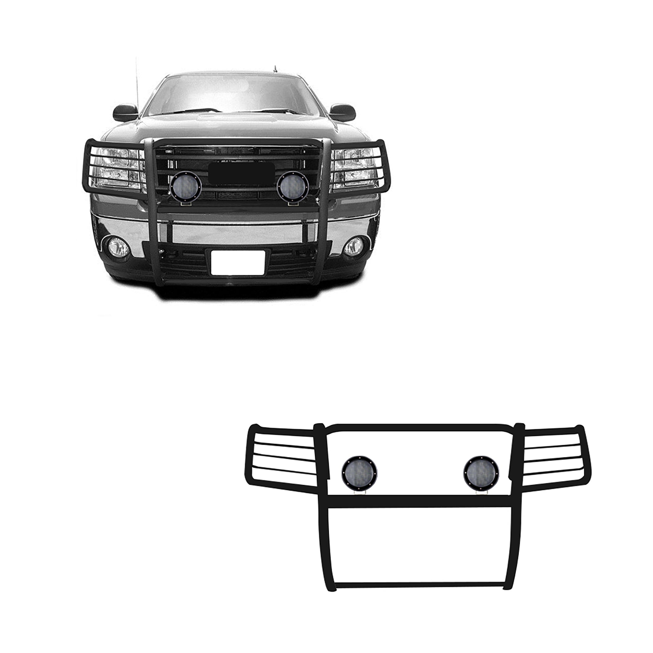 2007-2013 Gmc Sierra 1500 Grille Guard Kit Modular Pair  of 5.3" Dia. LED Flood Lights w/ Black Trim Rings Wiring Harness  and Switch | Black Horse Off Road - Image 1