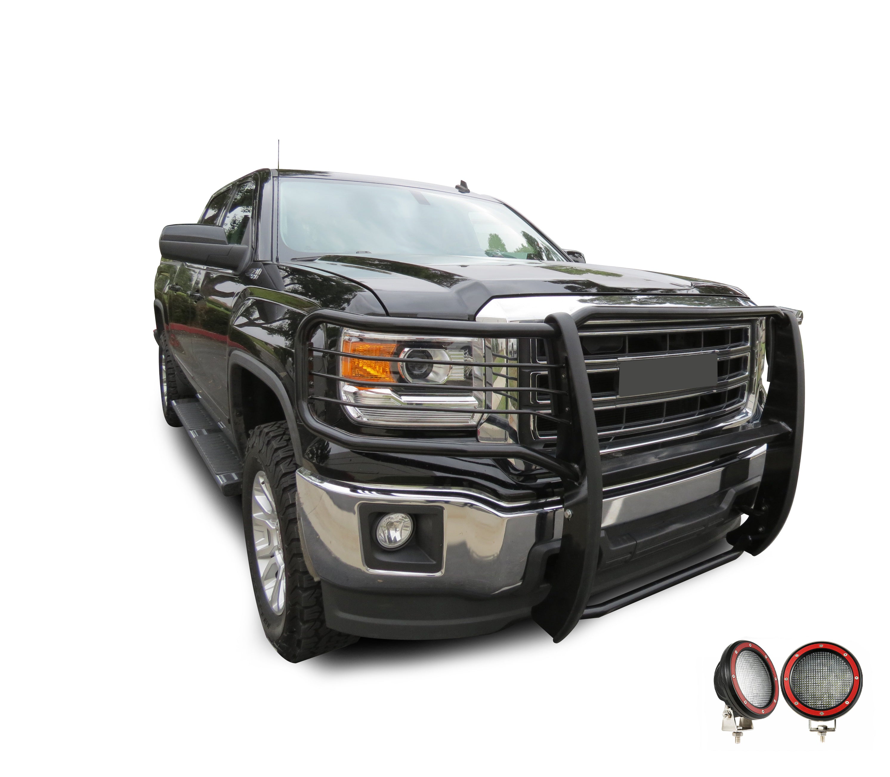2014-2022 Gmc Sierra 1500 Grille Guard Kit Modular Pair  of 5.3" Dia. LED Flood Lights w/ Red Trim Rings Wiring Harness  and Switch | Black Horse Off Road - Image 7