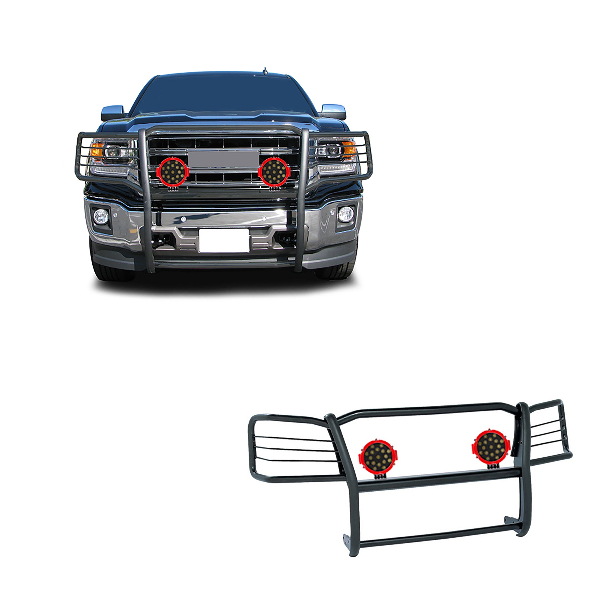 2014-2022 Gmc Sierra 1500 Grille Guard Kit Modular Incl. pair of 7.0"Dia.  LED  Lights w/Red Trim Rings w/ Wiring Harness and Switch | Black Horse Off Road - Image 1