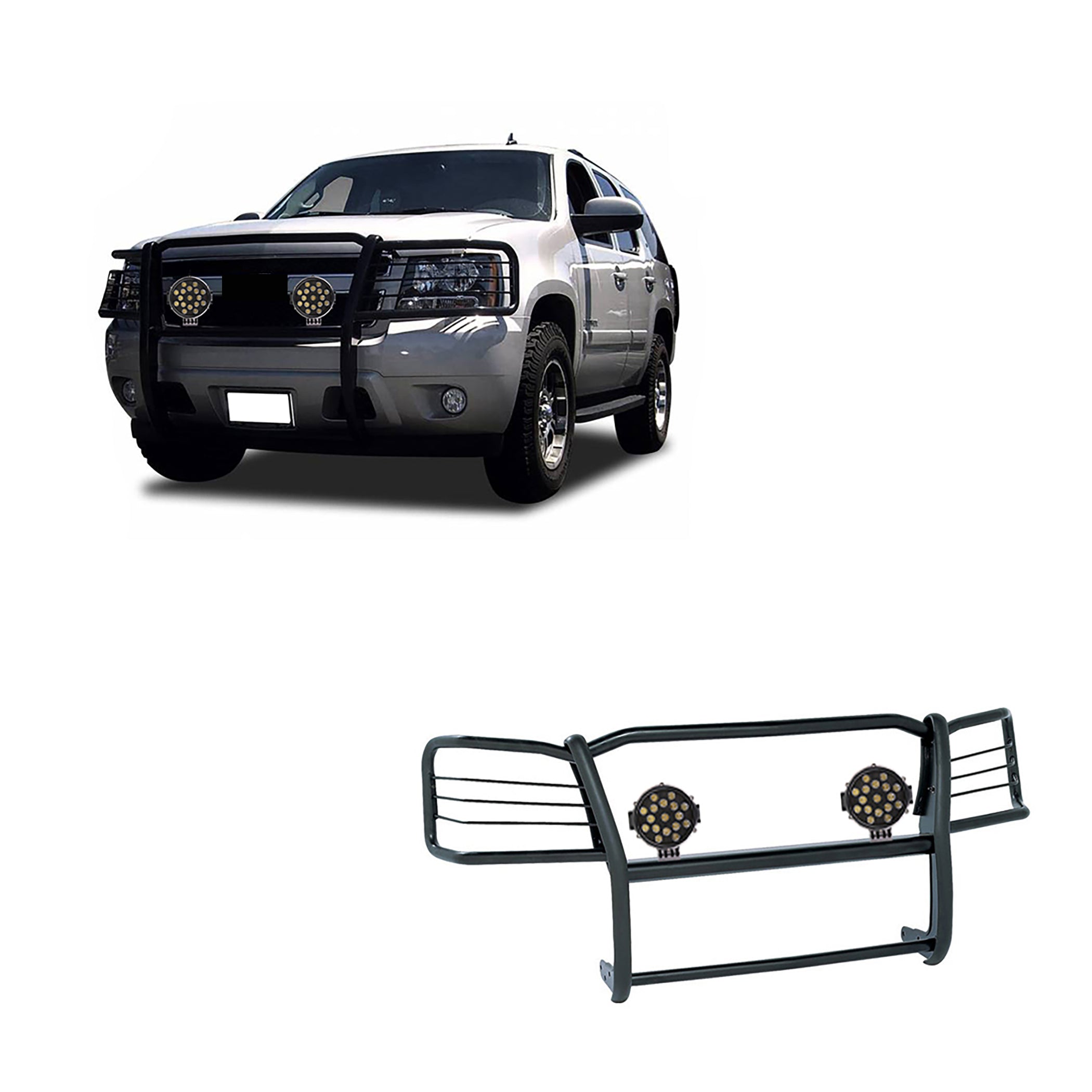 2015-2023 Chevrolet Suburban Grille Guard Kit Modular Incl. pair of 7.0"Dia.  LED  Lights w/ Black Trim Rings w/ Wiring Harness and Switch | Black Horse Off Road - Image 1