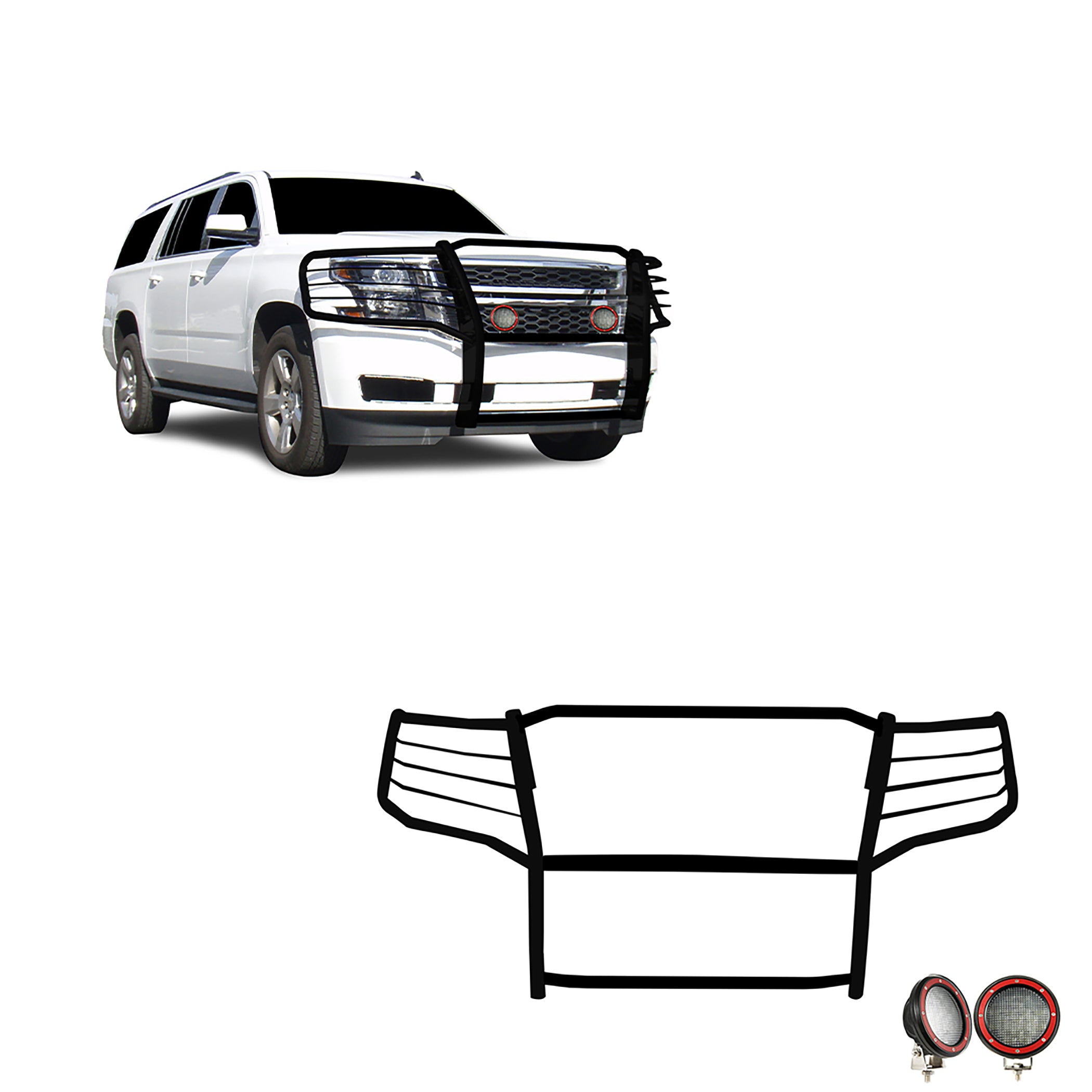 2015-2023 Chevrolet Suburban Grille Guard Kit Modular Pair  of 5.3" Dia. LED Flood Lights w/ Red Trim Rings Wiring Harness  and Switch | Black Horse Off Road - Image 1