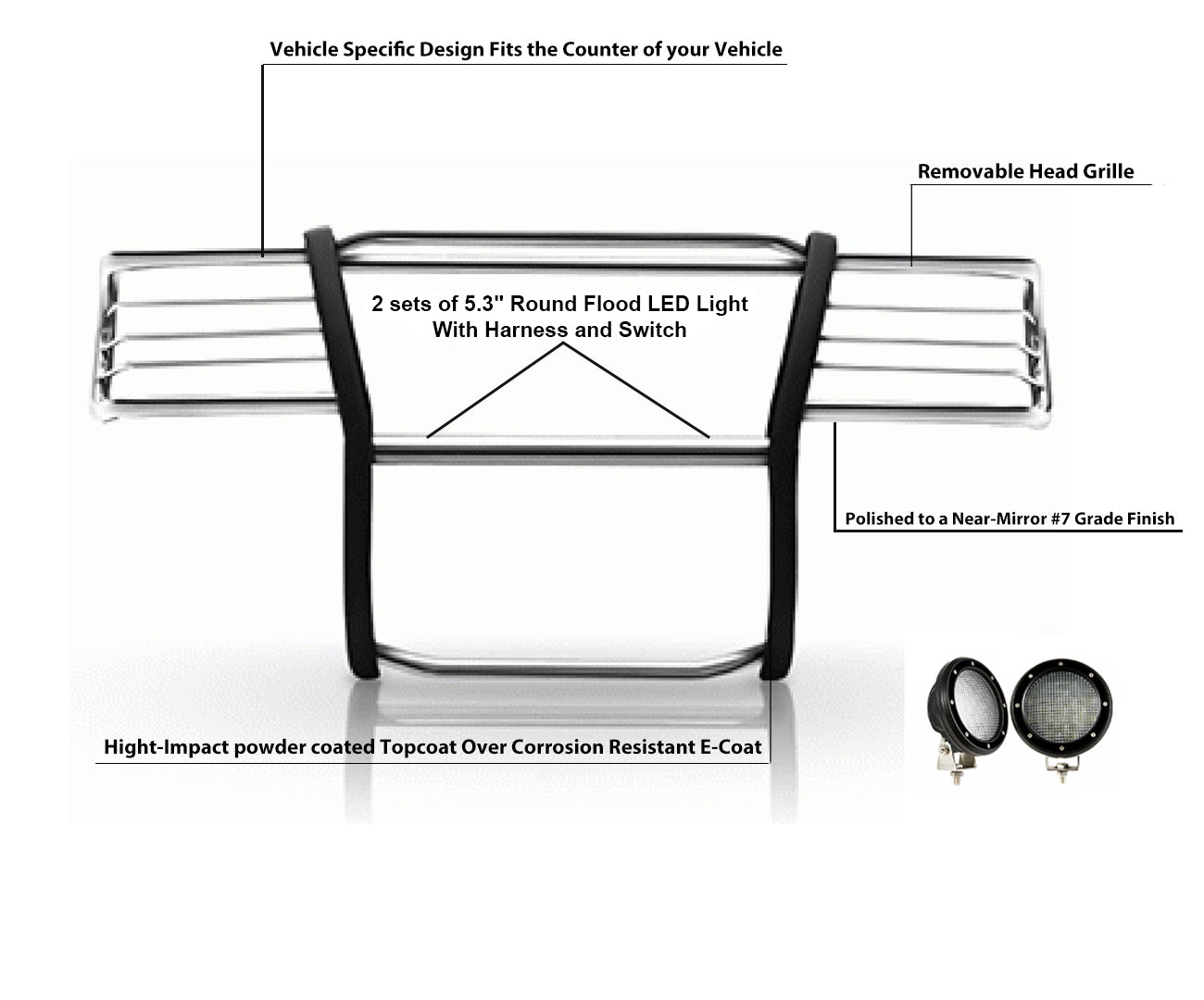 1999-2006 Silverado 1500 Grille Guard Kit Modular Pair  of 5.3" Dia. LED Flood Lights w/ Black Trim Rings Wiring Harness  and Switch | Black Horse Off Road - Image 2