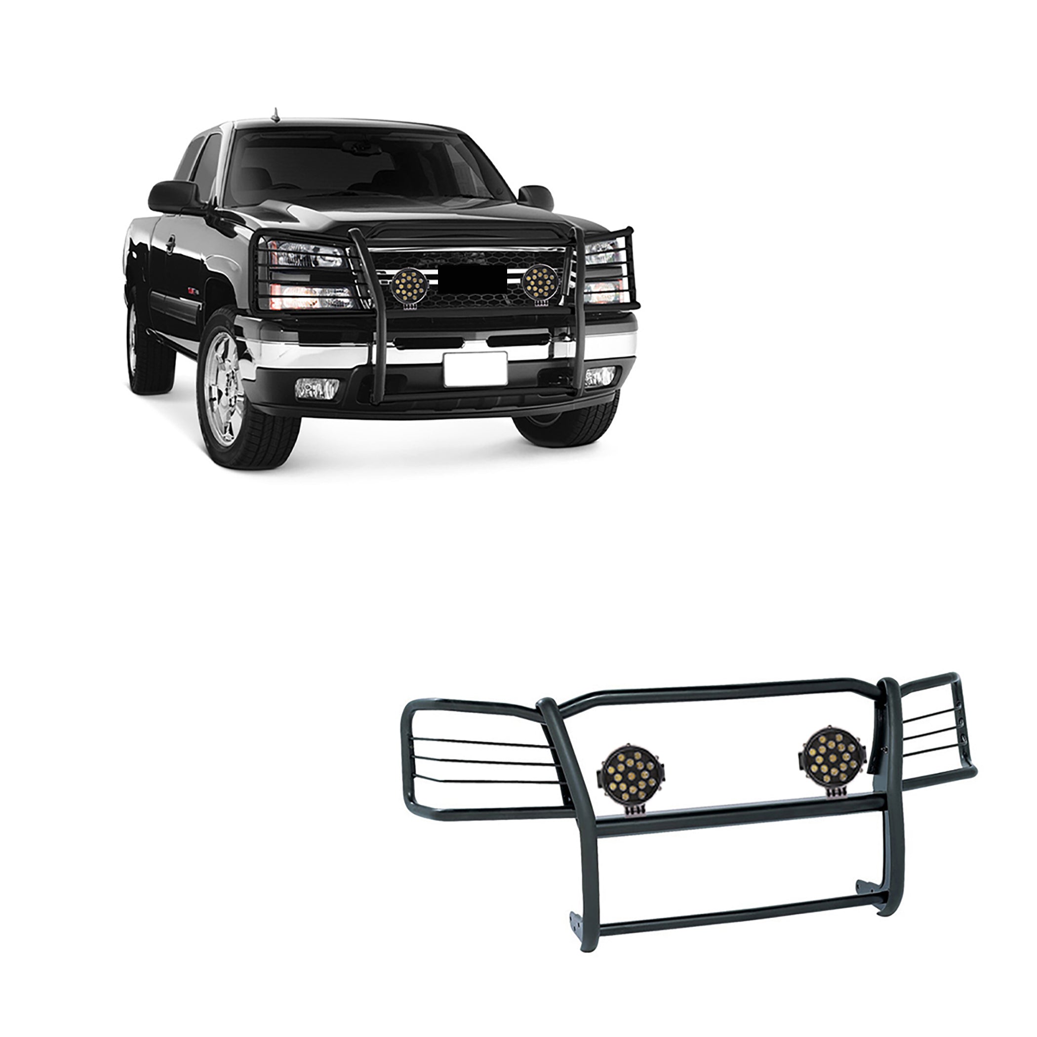 2003-2007 Chevrolet Avalanche 1500 Grille Guard Kit Modular Incl. pair of 7.0"Dia.  LED  Lights w/ Black Trim Rings w/ Wiring Harness and Switch | Black Horse Off Road - Image 1