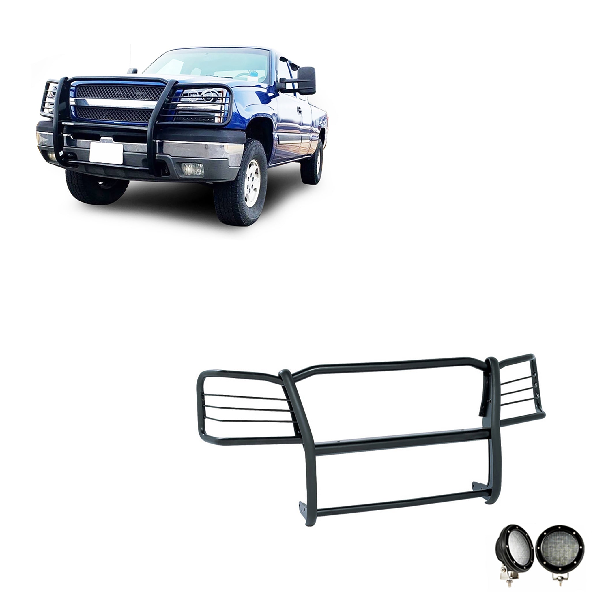 2003-2007 Chevrolet Avalanche 1500 Grille Guard Kit Modular Pair  of 5.3" Dia. LED Flood Lights w/ Black Trim Rings Wiring Harness  and Switch | Black Horse Off Road - Image 1