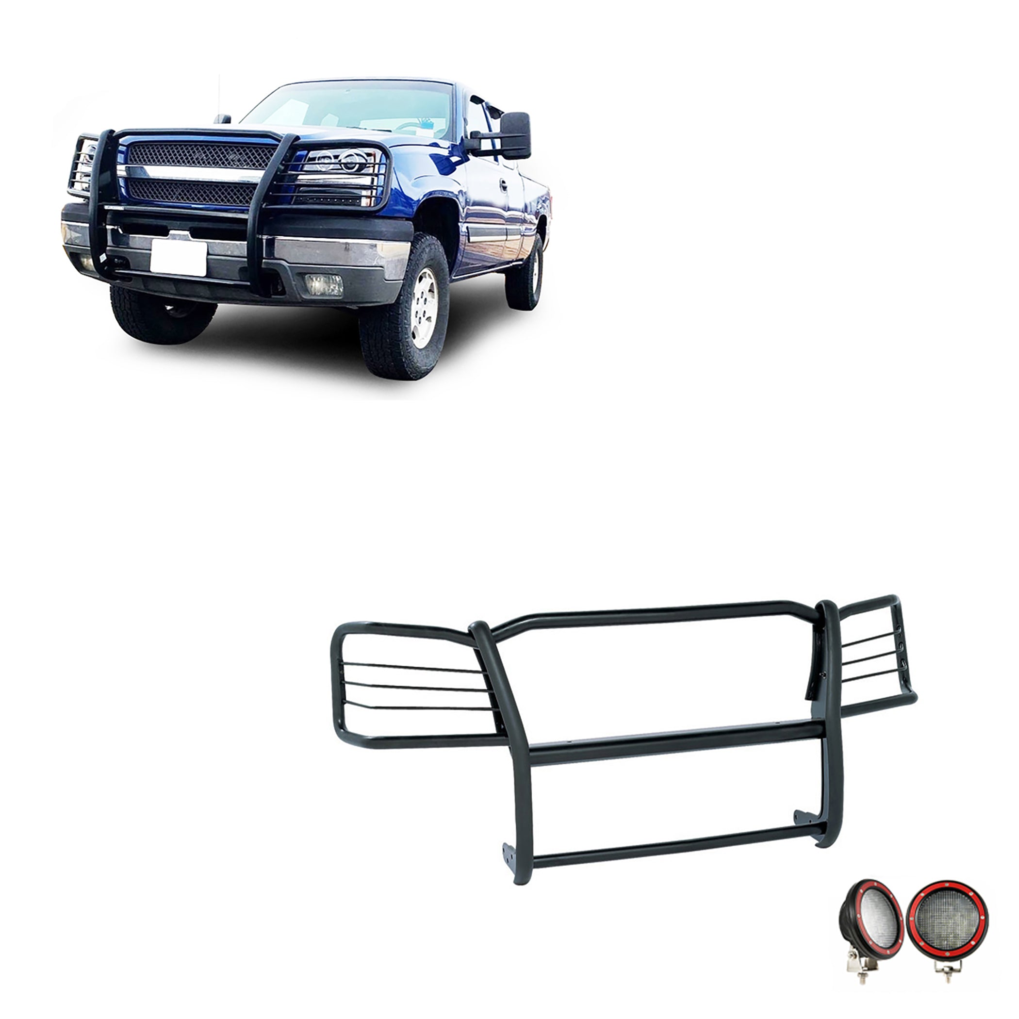 2003-2007 Chevrolet Avalanche 1500 Grille Guard Kit Modular Pair  of 5.3" Dia. LED Flood Lights w/ Red Trim Rings Wiring Harness  and Switch | Black Horse Off Road - Image 1