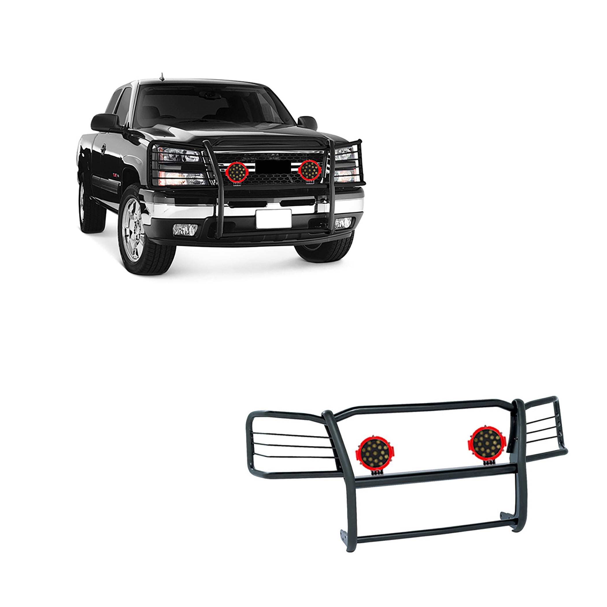 2003-2007 Chevrolet Avalanche 1500 Grille Guard Kit Modular Incl. pair of 7.0"Dia.  LED  Lights w/Red Trim Rings w/ Wiring Harness and Switch | Black Horse Off Road - Image 1