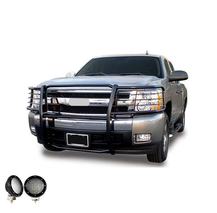 2014-2019 Chevrolet Silverado 1500 Grille Guard Kit Modular Pair  of 5.3" Dia. LED Flood Lights w/ Black Trim Rings Wiring Harness  and Switch | Black Horse Off Road - Image 1