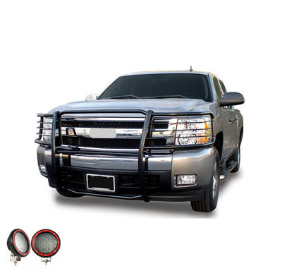 2014-2019 Chevrolet Silverado 1500 Grille Guard Kit Modular Pair  of 5.3" Dia. LED Flood Lights w/ Red Trim Rings Wiring Harness  and Switch | Black Horse Off Road - Image 1