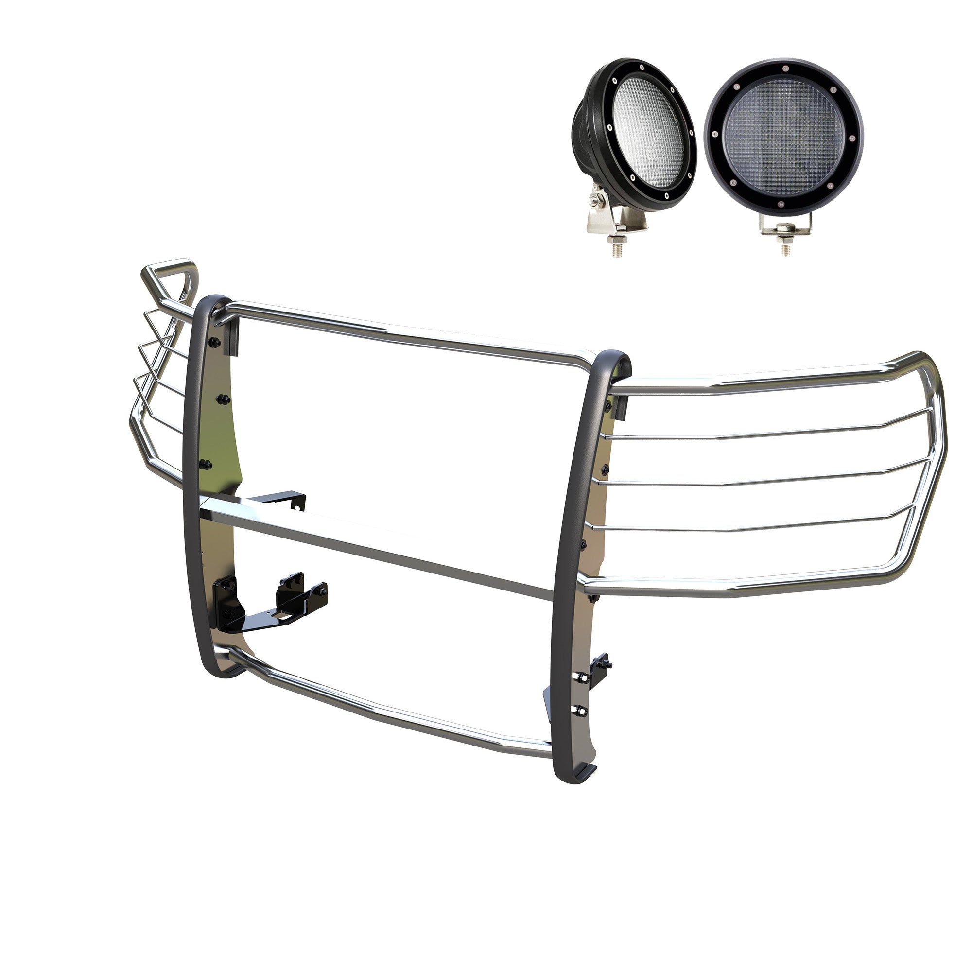 2019-2022 Chevrolet Silverado 1500 Grille Guard Kit Modular Pair  of 5.3" Dia. LED Flood Lights w/ Black Trim Rings Wiring Harness  and Switch | Black Horse Off Road - Image 1