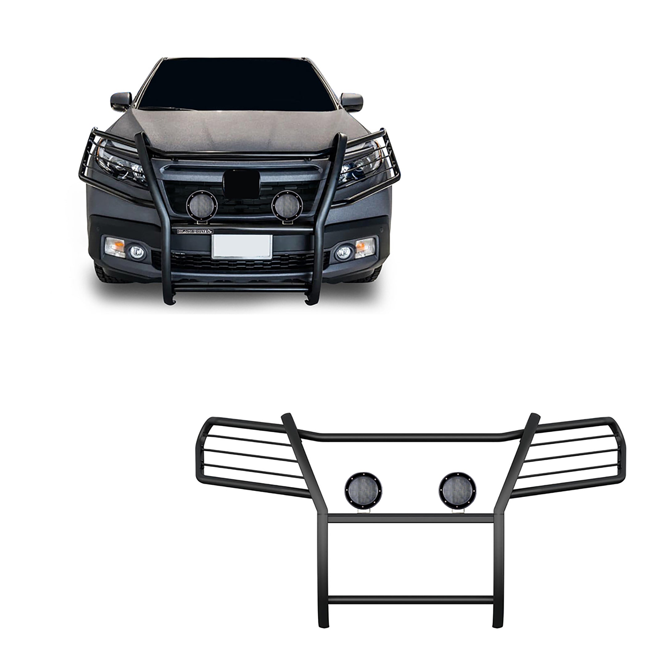 2016-2019 Honda Ridgeline Grille Guard Kit Modular Pair  of 5.3" Dia. LED Flood Lights w/ Black Trim Rings Wiring Harness  and Switch | Black Horse Off Road - Image 1