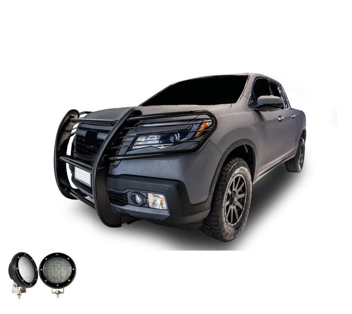 2016-2019 Honda Ridgeline Grille Guard Kit Modular Pair  of 5.3" Dia. LED Flood Lights w/ Black Trim Rings Wiring Harness  and Switch | Black Horse Off Road - Image 7