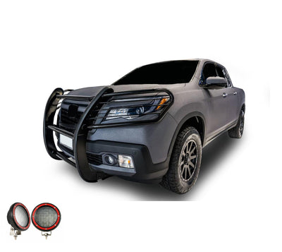 2016-2019 Honda Ridgeline Grille Guard Kit Modular Pair  of 5.3" Dia. LED Flood Lights w/ Red Trim Rings Wiring Harness  and Switch | Black Horse Off Road - Image 6