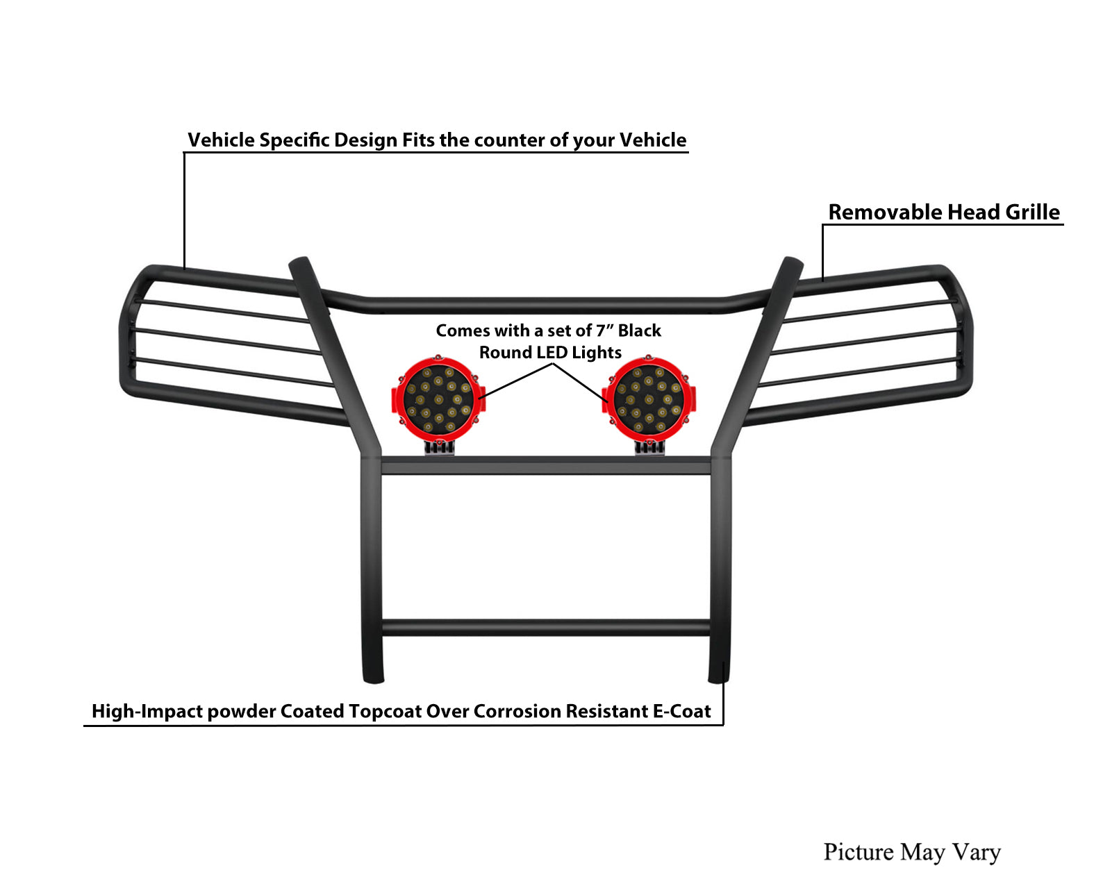 2016-2019 Honda Ridgeline Grille Guard Kit Modular Incl. pair of 7.0"Dia.  LED  Lights w/Red Trim Rings w/ Wiring Harness and Switch | Black Horse Off Road - Image 10