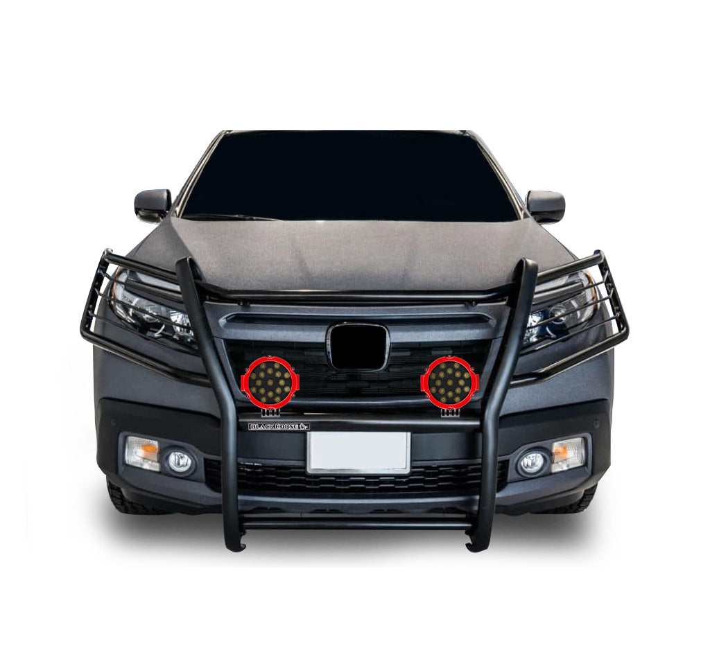 2016-2019 Honda Ridgeline Grille Guard Kit Modular Incl. pair of 7.0"Dia.  LED  Lights w/Red Trim Rings w/ Wiring Harness and Switch | Black Horse Off Road - Image 3