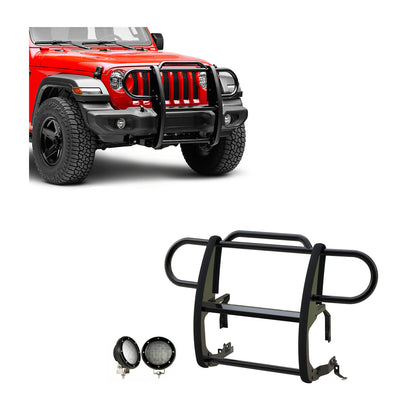 2018-2025 Jeep Gladiator Grille Guard Kit Modular Pair  of 5.3" Dia. LED Flood Lights w/ Black Trim Rings Wiring Harness  and Switch | Black Horse Off Road - Image 1