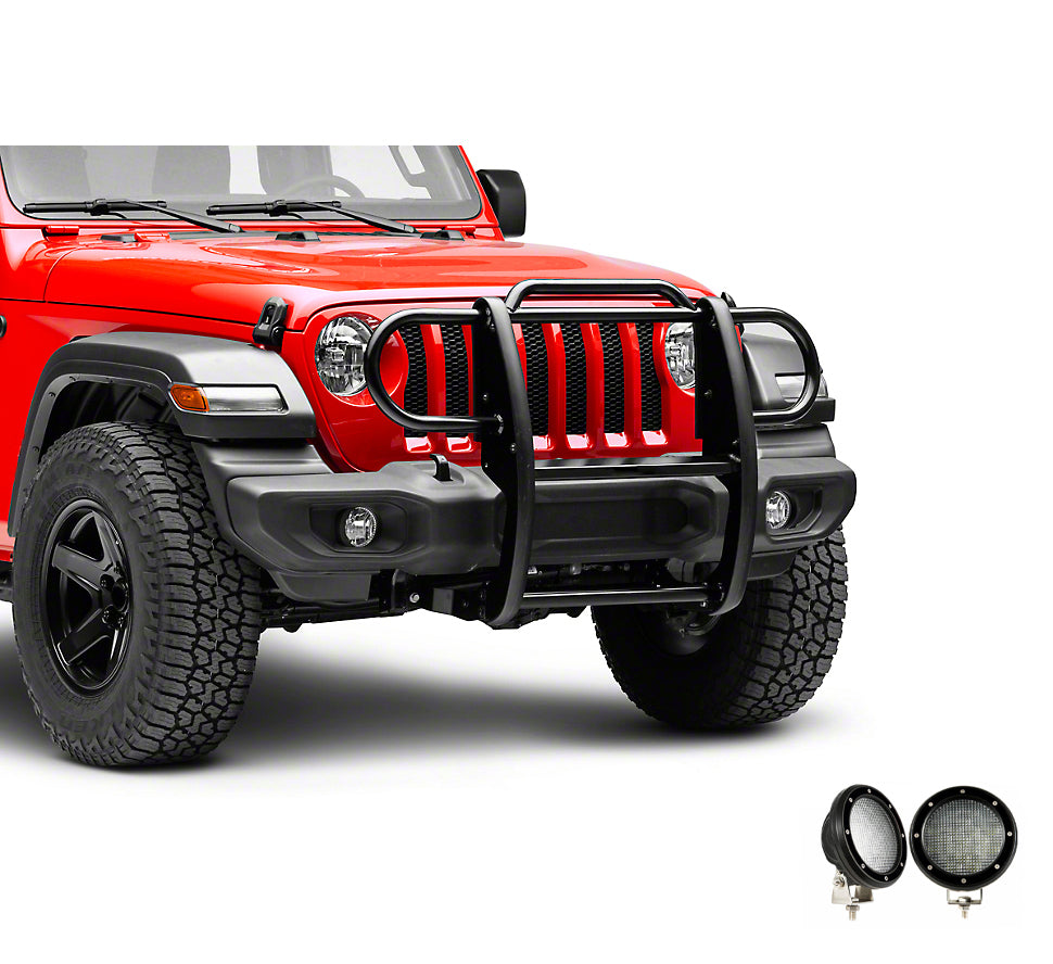 2018-2025 Jeep Gladiator Grille Guard Kit Modular Pair  of 5.3" Dia. LED Flood Lights w/ Black Trim Rings Wiring Harness  and Switch | Black Horse Off Road - Image 5