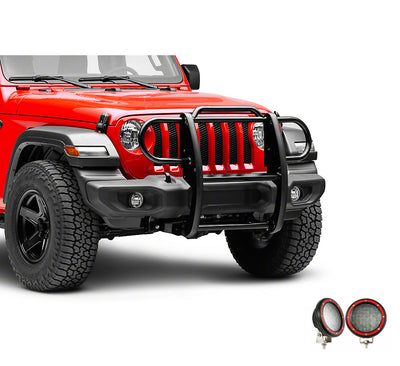 2018-2025 Jeep Gladiator Grille Guard Kit Modular Pair  of 5.3" Dia. LED Flood Lights w/ Red Trim Rings Wiring Harness  and Switch | Black Horse Off Road - Image 5