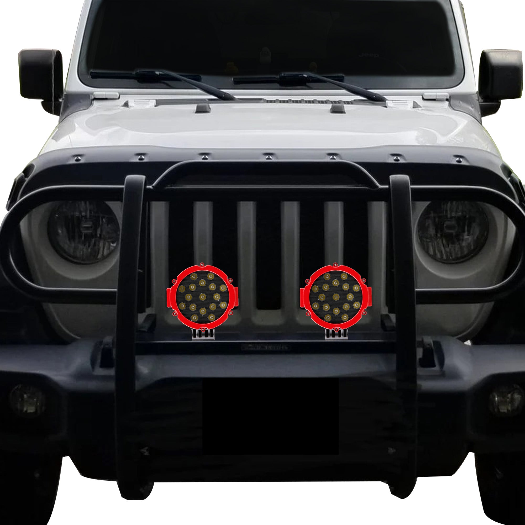 2018-2025 Jeep Gladiator Grille Guard Kit Modular Incl. pair of 7.0"Dia.  LED  Lights w/Red Trim Rings w/ Wiring Harness and Switch | Black Horse Off Road - Image 4