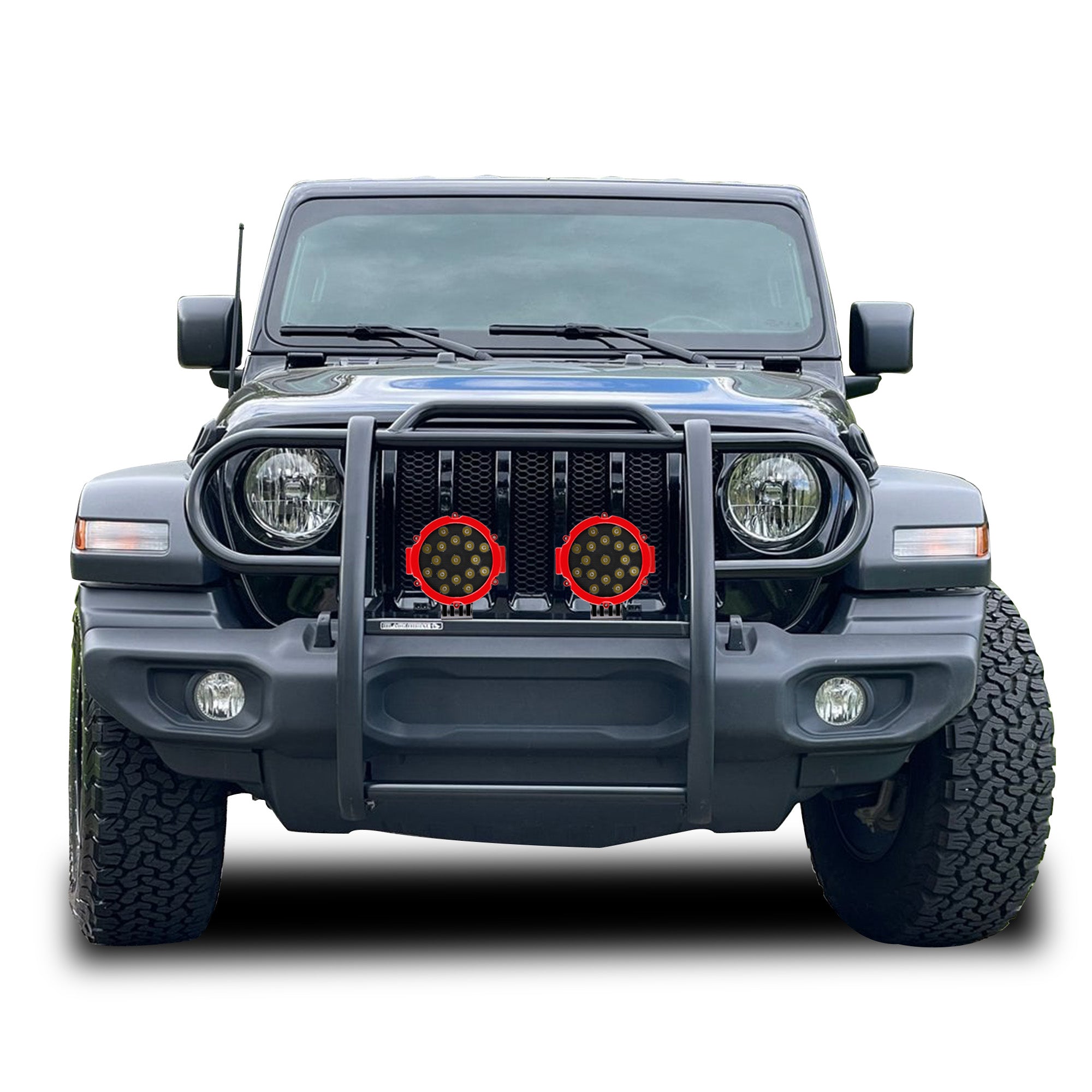 2018-2025 Jeep Gladiator Grille Guard Kit Modular Incl. pair of 7.0"Dia.  LED  Lights w/Red Trim Rings w/ Wiring Harness and Switch | Black Horse Off Road - Image 5