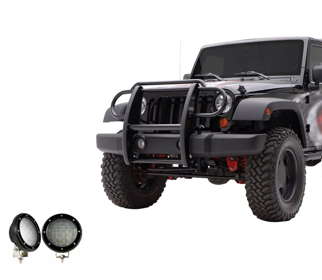 2007-2018 Jeep Wrangler Grille Guard Kit Modular Pair  of 5.3" Dia. LED Flood Lights w/ Black Trim Rings Wiring Harness  and Switch | Black Horse Off Road - Image 6