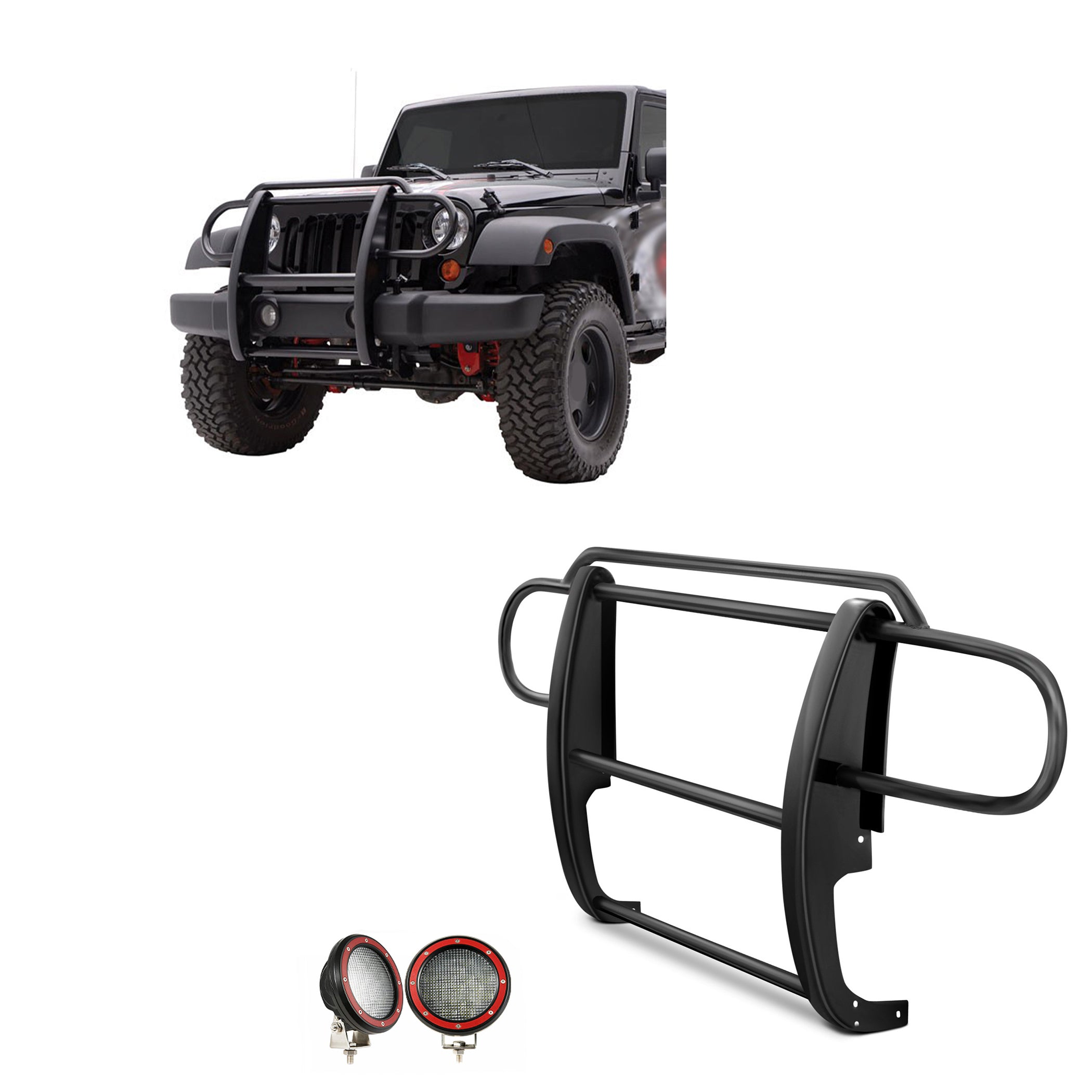 2007-2018 Jeep Wrangler Grille Guard Kit Modular Pair  of 5.3" Dia. LED Flood Lights w/ Red Trim Rings Wiring Harness  and Switch | Black Horse Off Road - Image 1