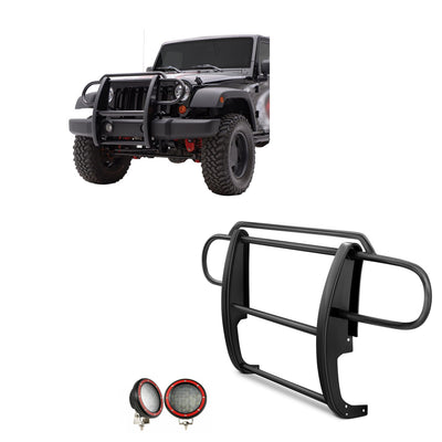 2007-2018 Jeep Wrangler Grille Guard Kit Modular Pair  of 5.3" Dia. LED Flood Lights w/ Red Trim Rings Wiring Harness  and Switch | Black Horse Off Road - Image 1