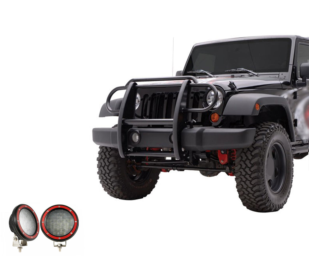2007-2018 Jeep Wrangler Grille Guard Kit Modular Pair  of 5.3" Dia. LED Flood Lights w/ Red Trim Rings Wiring Harness  and Switch | Black Horse Off Road - Image 6