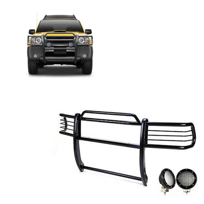 2002-2004 Nissan Frontier Grille Guard Kit Modular Pair  of 5.3" Dia. LED Flood Lights w/ Black Trim Rings Wiring Harness  and Switch | Black Horse Off Road - Image 1