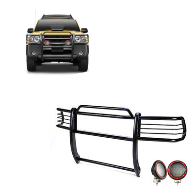 2002-2004 Nissan Frontier Grille Guard Kit Modular Pair  of 5.3" Dia. LED Flood Lights w/ Red Trim Rings Wiring Harness  and Switch | Black Horse Off Road - Image 1