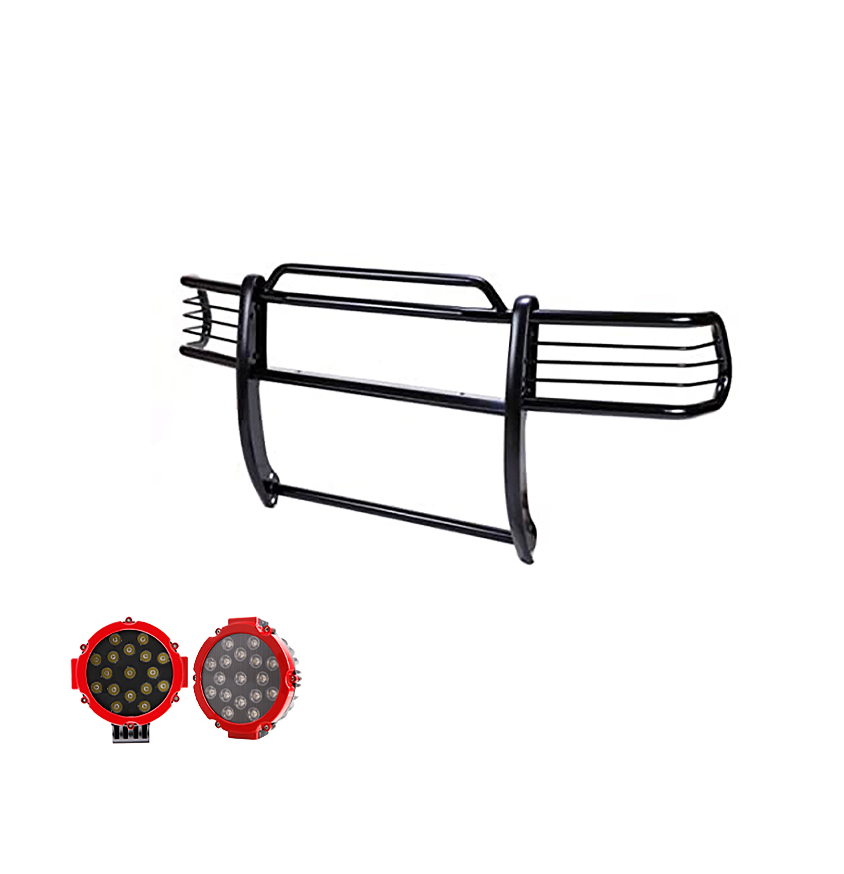 2002-2004 Nissan Frontier Grille Guard Kit Modular Incl. pair of 7.0"Dia.  LED  Lights w/Red Trim Rings w/ Wiring Harness and Switch | Black Horse Off Road - Image 1
