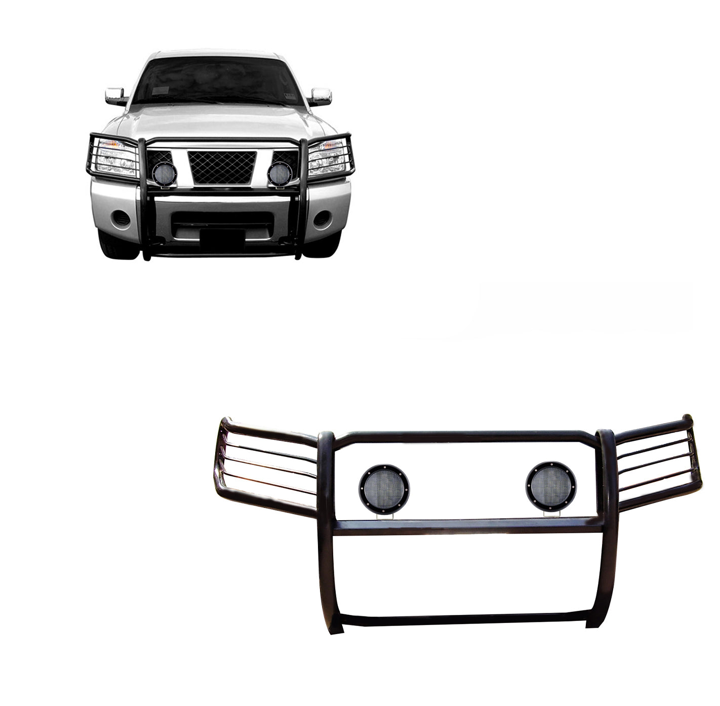 2004-2015 Nissan Titan Grille Guard Kit Modular Pair  of 5.3" Dia. LED Flood Lights w/ Black Trim Rings Wiring Harness  and Switch | Black Horse Off Road - Image 1