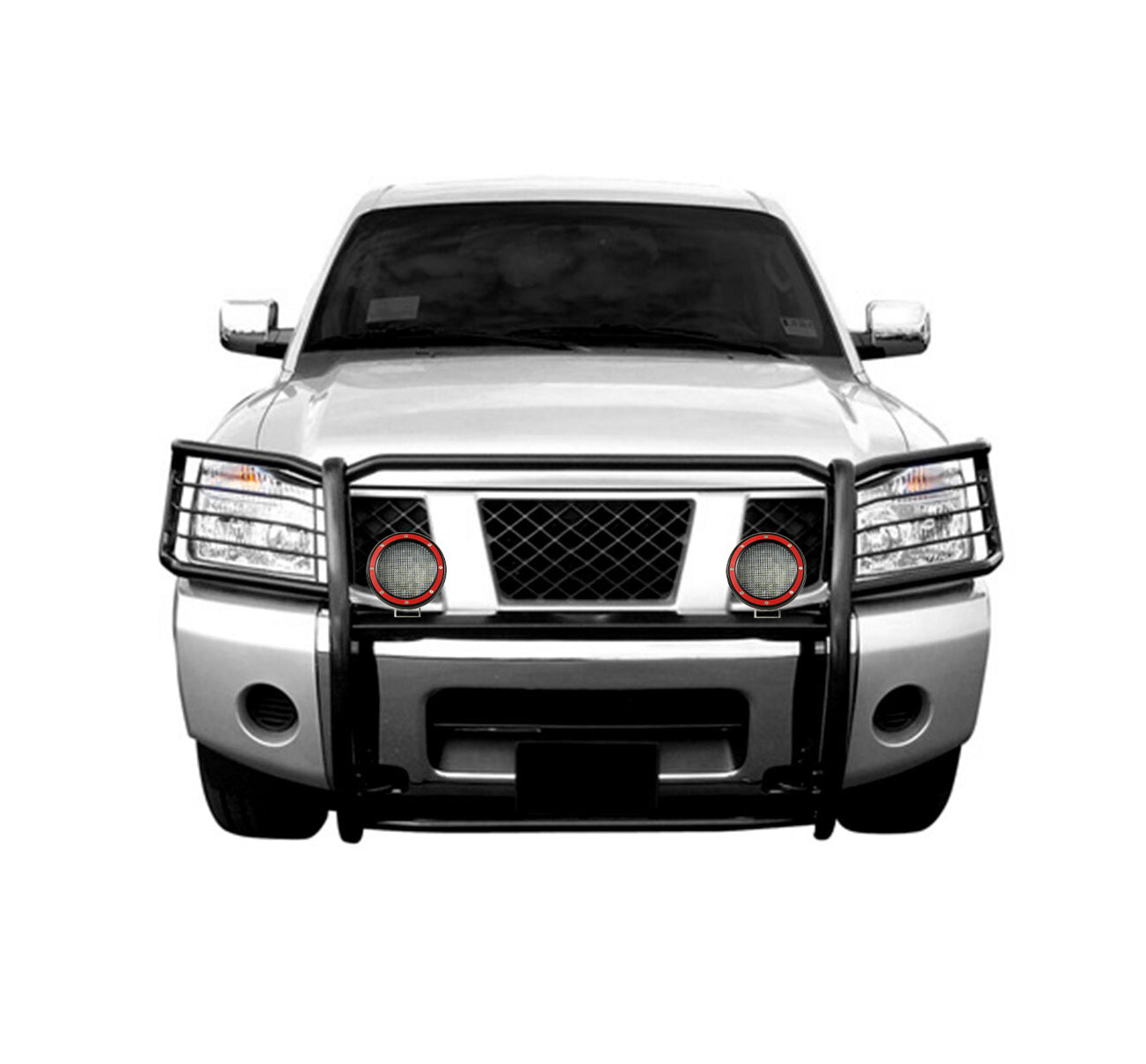 2004-2015 Nissan Titan Grille Guard Kit Modular Pair  of 5.3" Dia. LED Flood Lights w/ Red Trim Rings Wiring Harness  and Switch | Black Horse Off Road - Image 9