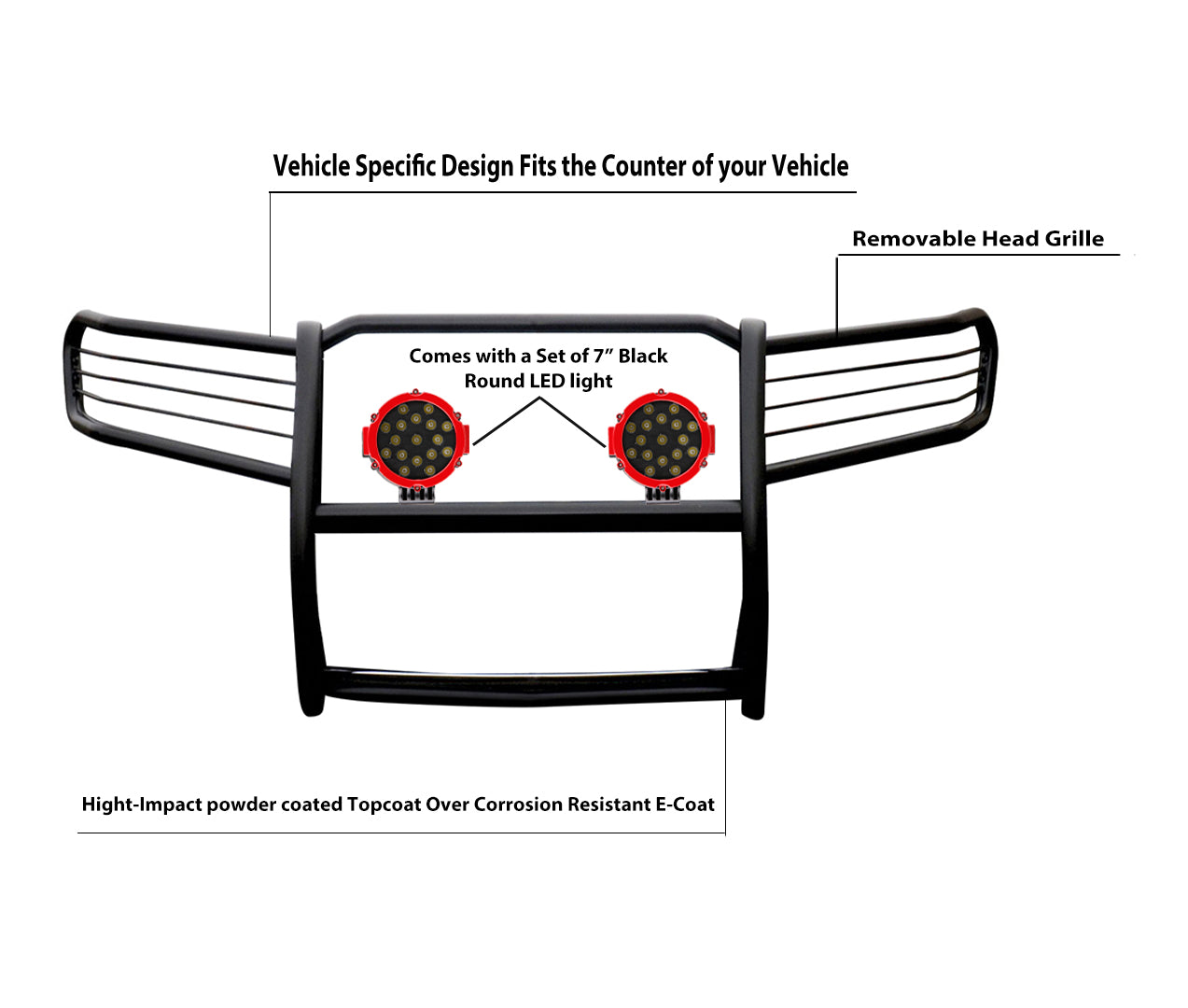 2004-2015 Nissan Titan Grille Guard Kit Modular Incl. pair of 7.0"Dia.  LED  Lights w/Red Trim Rings w/ Wiring Harness and Switch | Black Horse Off Road - Image 3