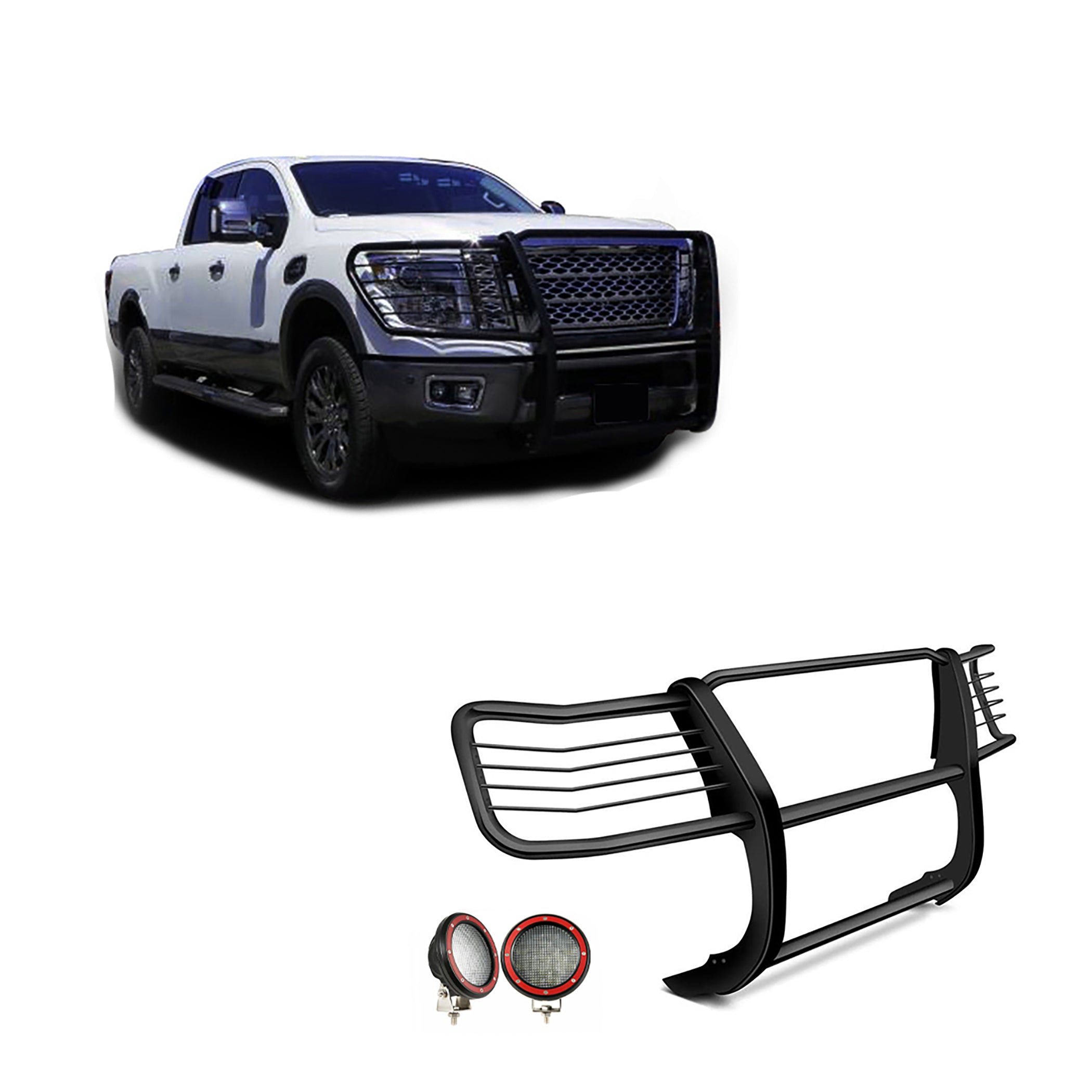 2016-2024 Nissan Titan Xd Grille Guard Kit Modular Pair  of 5.3" Dia. LED Flood Lights w/ Red Trim Rings Wiring Harness  and Switch | Black Horse Off Road - Image 1