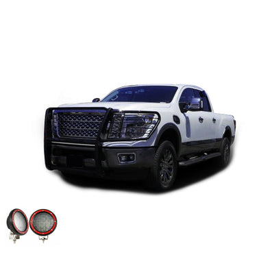 2016-2024 Nissan Titan Xd Grille Guard Kit Modular Pair  of 5.3" Dia. LED Flood Lights w/ Red Trim Rings Wiring Harness  and Switch | Black Horse Off Road - Image 6